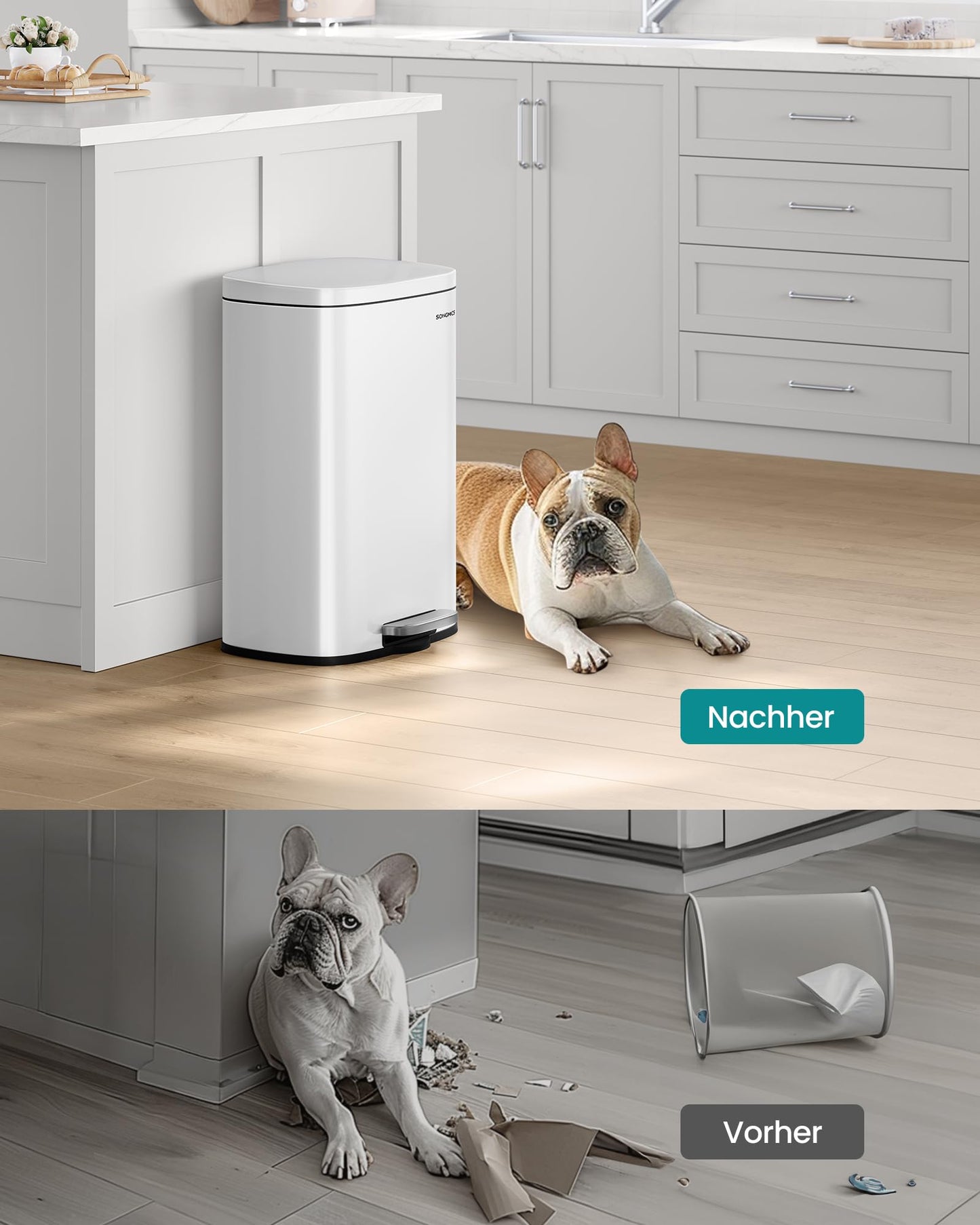SONGMICS kitchen rubbish bin, 50 liters, waste bin, pedal bin, with lid, soft close, foot pedal, steel, inner bin, white LTB101W01