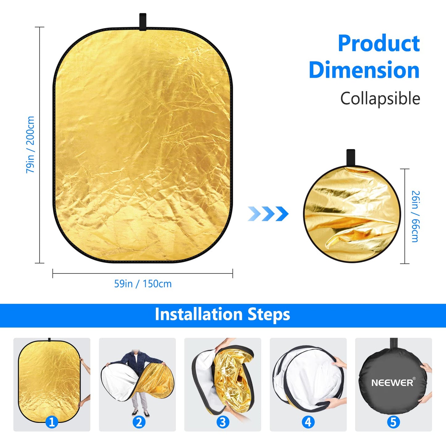 NEEWER 59"x79"/150x200cm light reflector for photography, portable 5 in 1 - 10071559