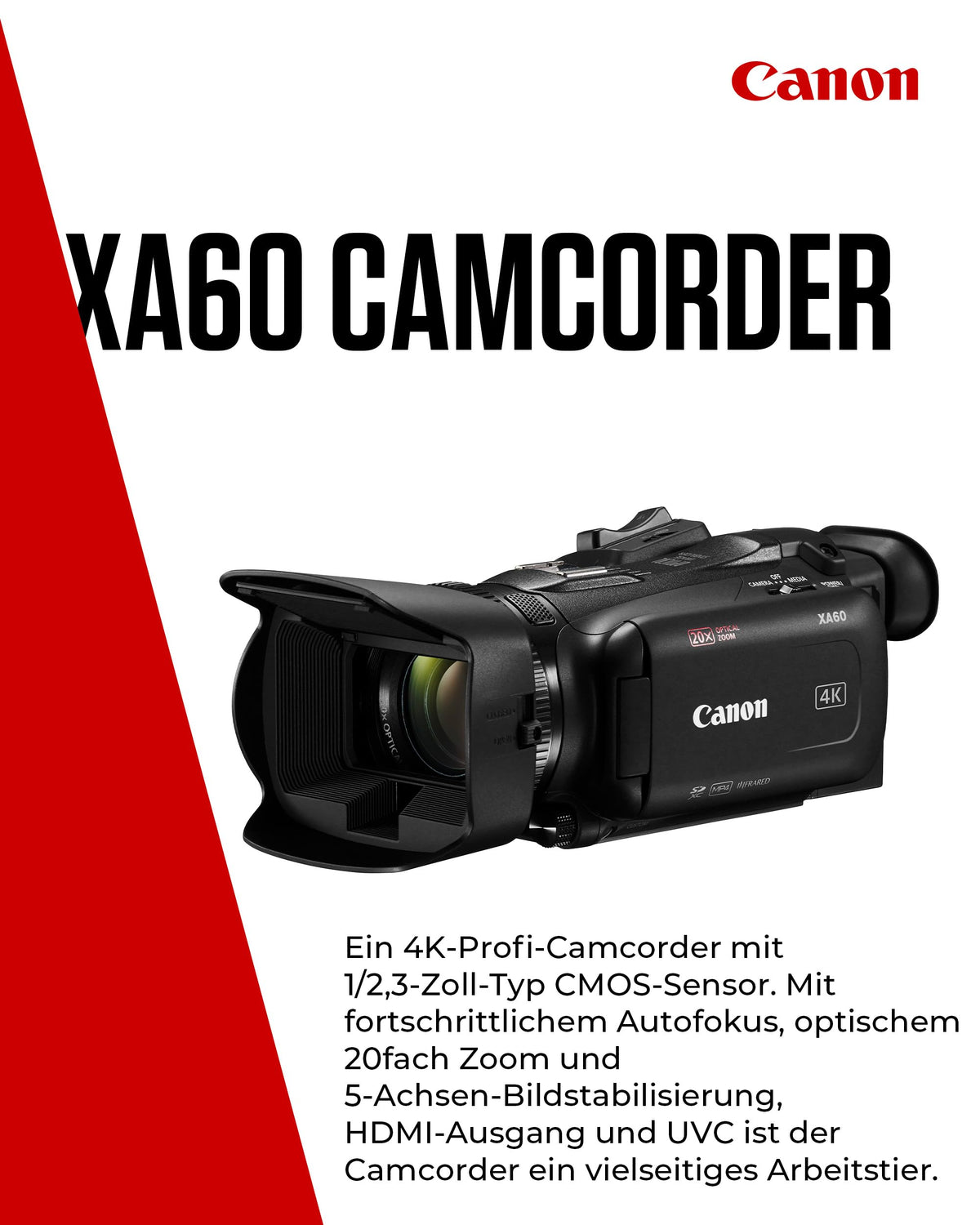 Canon XA60 Professional 4K Camcorder, 20x Optical Zoom, CMOS Sensor