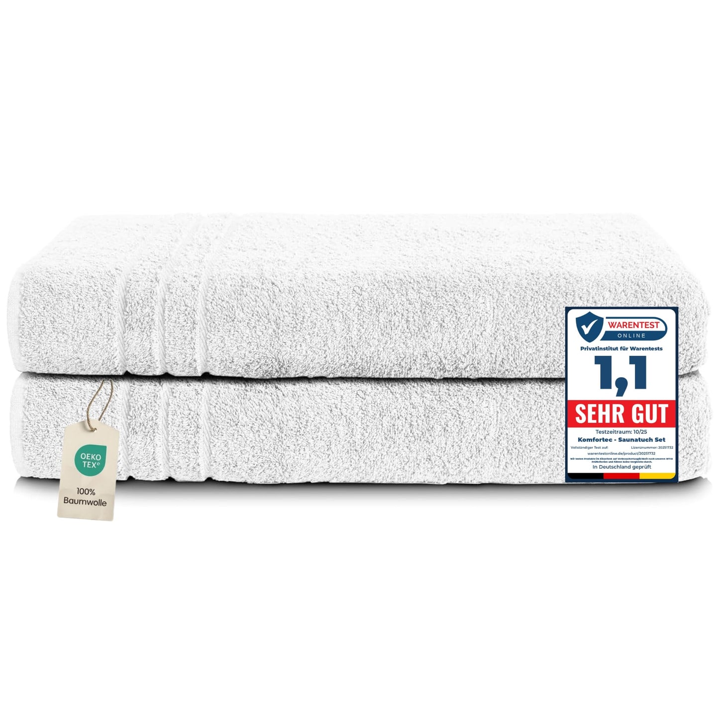 Komfortec 2 sauna towel set 80x200 cm, large sauna towels made of 100% cotton, sauna towels, fluffy and absorbent, quick-drying, white - 2er-80x200-weiss