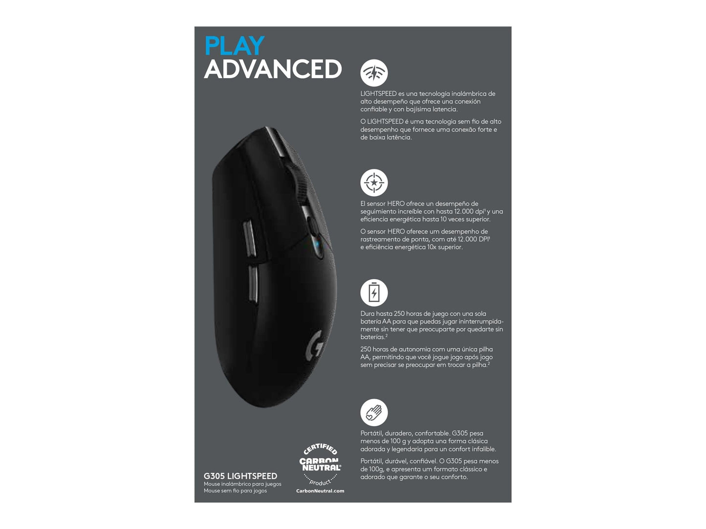 Logitech G G305 Lightspeed wireless gaming mouse with Hero 12K DPI sensor, wireless connection, 6 programmable buttons, 250 hours of battery life, lightweight, PC/Mac - black - 910-005283