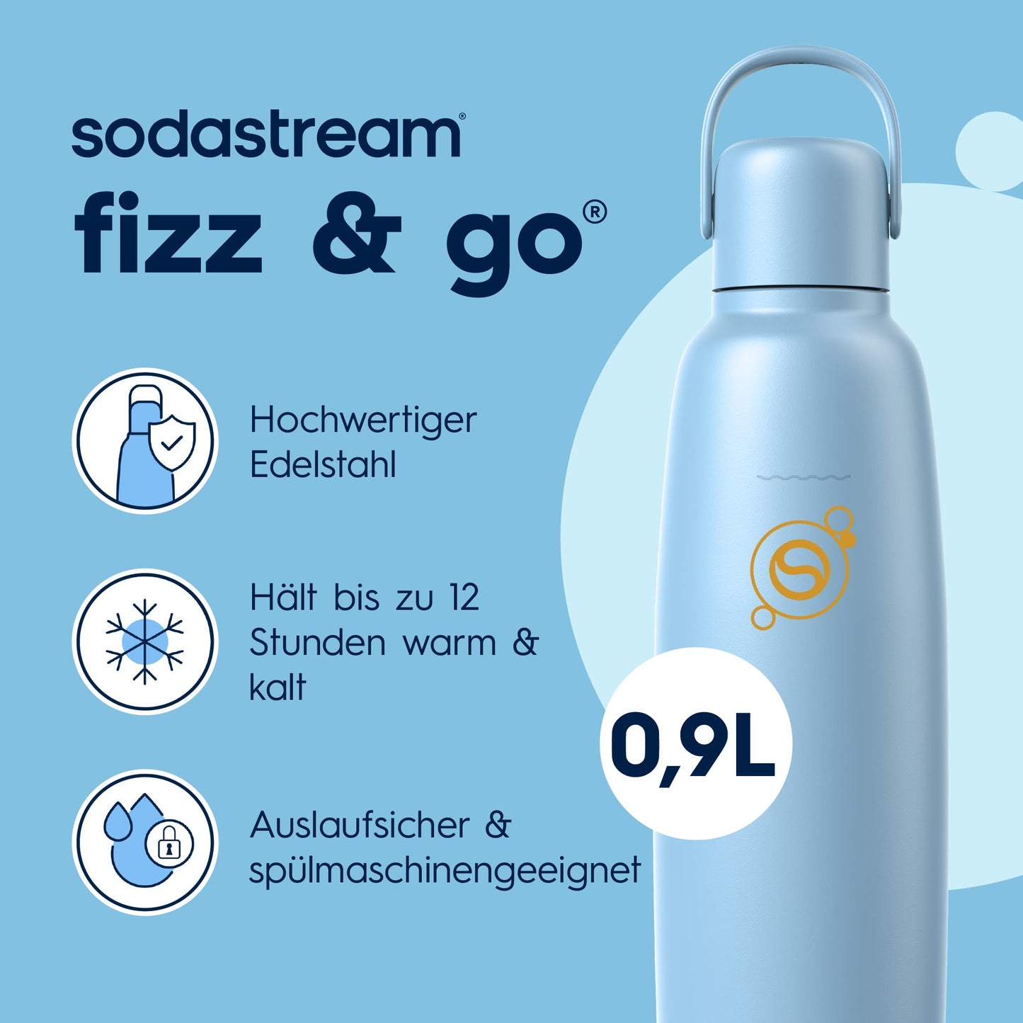 Sodastream Fizz & Go Stainless Steel Soda Bottle 0.9L Double Wall Insulated Thermos Bottle Keeps Hot & Cold for Carbonated Drinks Compatible with DUO, TERRA, ART, ENSO & More, Ice Blue - 1062416440