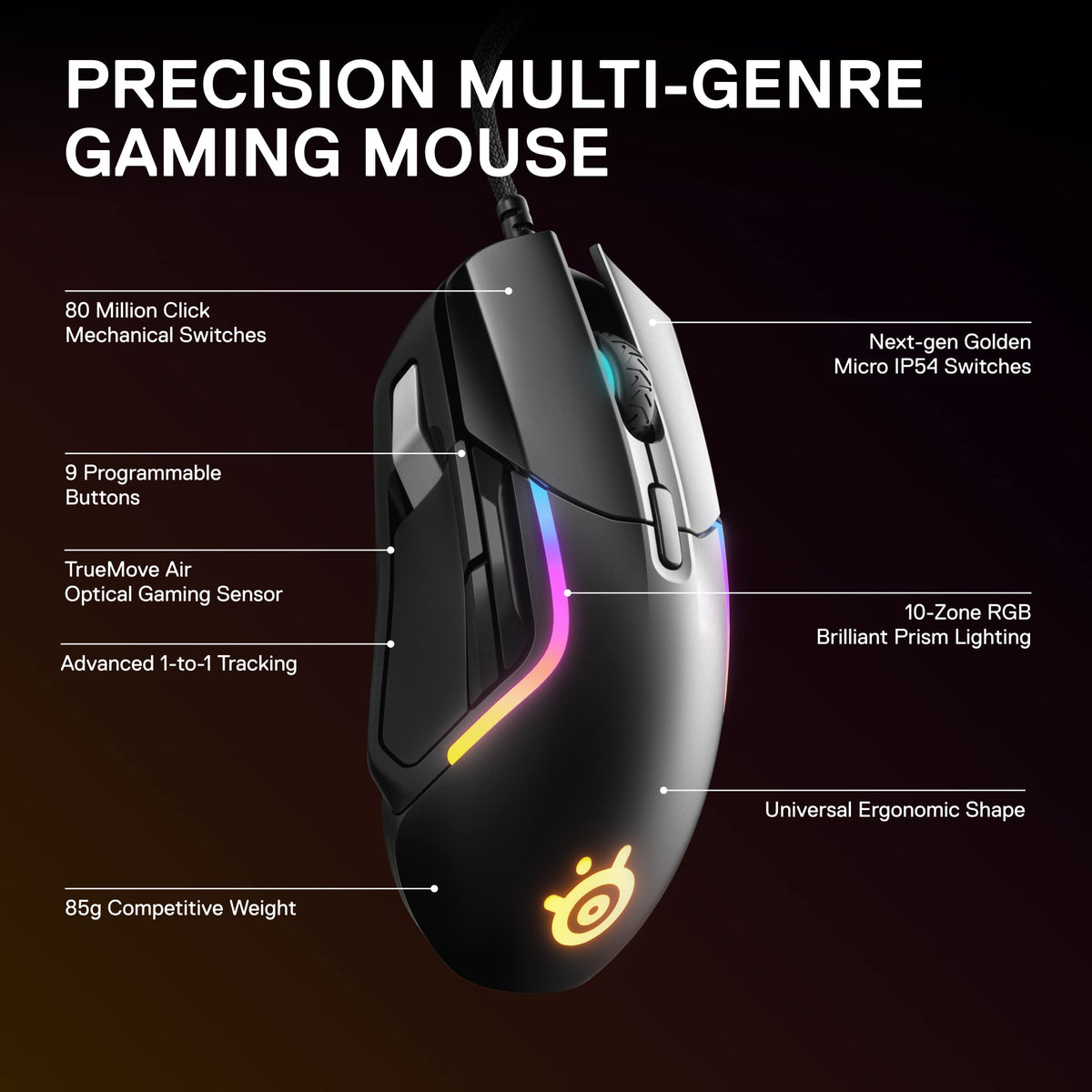 SteelSeries Rival 5 - Gaming Mouse - TrueMove Air Optical Sensor with 18,000 CPI - 9 programmable buttons - Ultra-lightweight 85 grams, Black - 62551