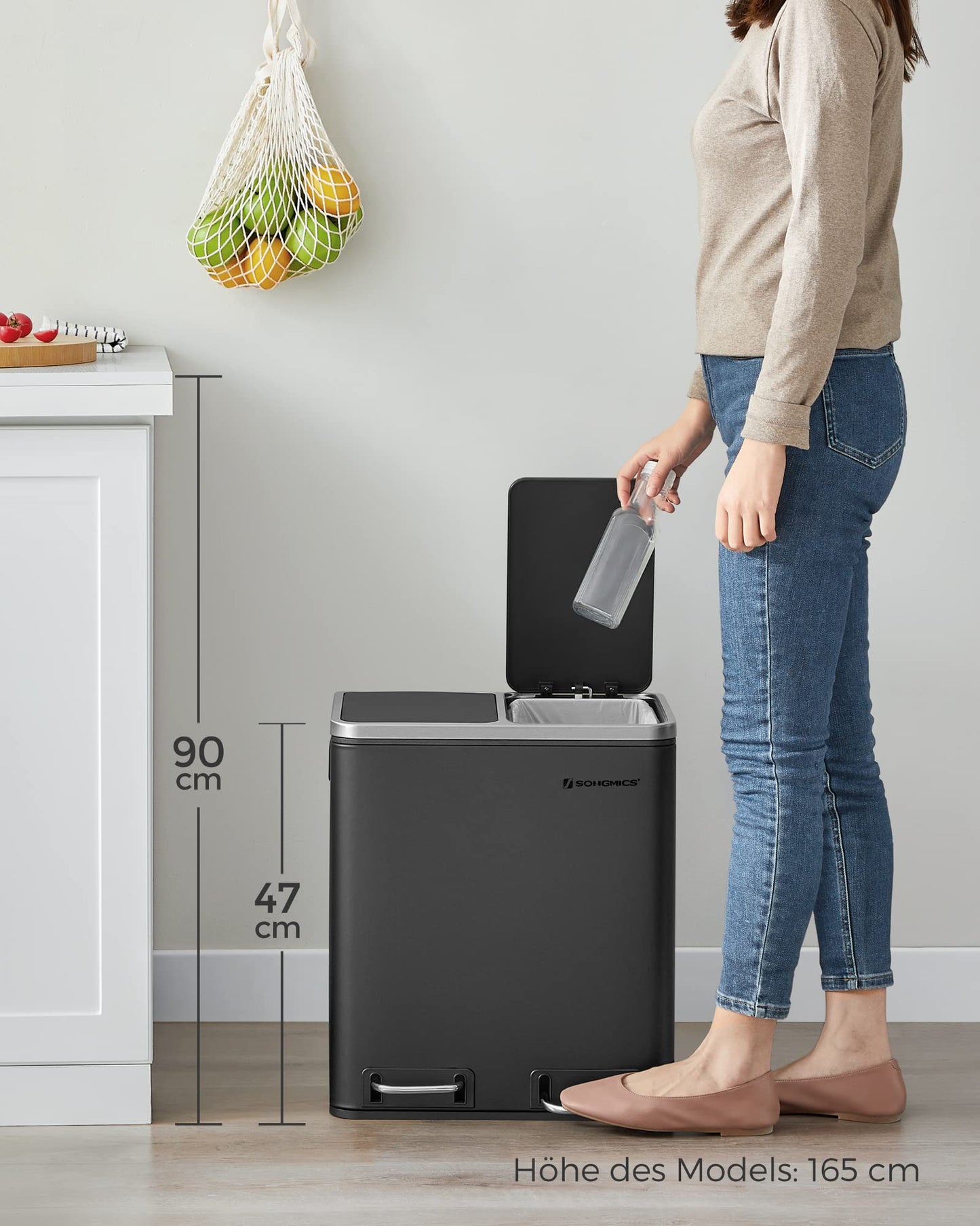 SONGMICS kitchen trash can, 2 x 15 liters, waste separation system 2 compartments, including 15 trash bags, trash can, pedal bin, recyclable waste, organic waste, soft close lid, ink black LTB30BK