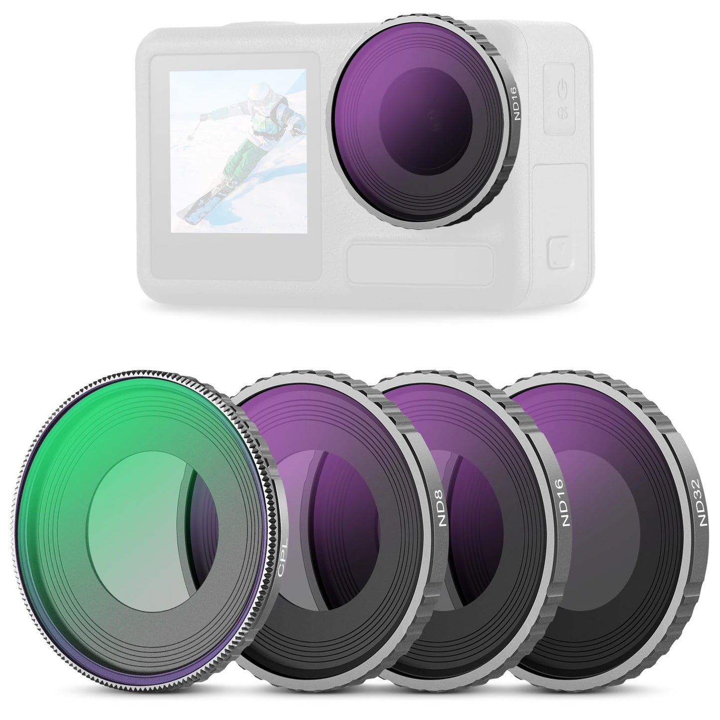 NEEWER CPL & ND filter set compatible with DJI Osmo Action 4/Action 5 Pro (pack of 4), screw-on polarizing filter CPL+ND8+ND16+ND32 action camera accessories, multi-coated optical, FL-A12 - 10105202