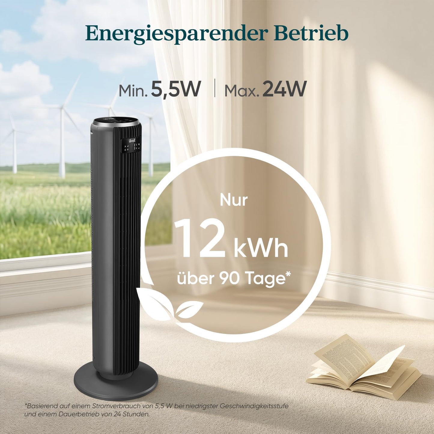 Levoit - DC motor tower fan - 20dB very quiet fan - 4 modes/12 levels/12 hour timer - remote control & cooling - tower fan with 7.9m/s speed - 24W pedestal fan - gray, 92 cm - LTF-F362-AEU