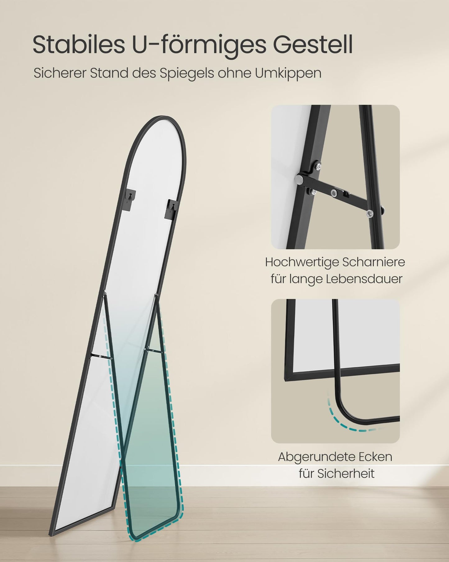 SONGMICS Full Length Mirror 160x50cm Curved Standing Mirror Aluminum Alloy Frame Tempered Glass for Bedroom Living Room Cloakroom Ink Black LFM031B01