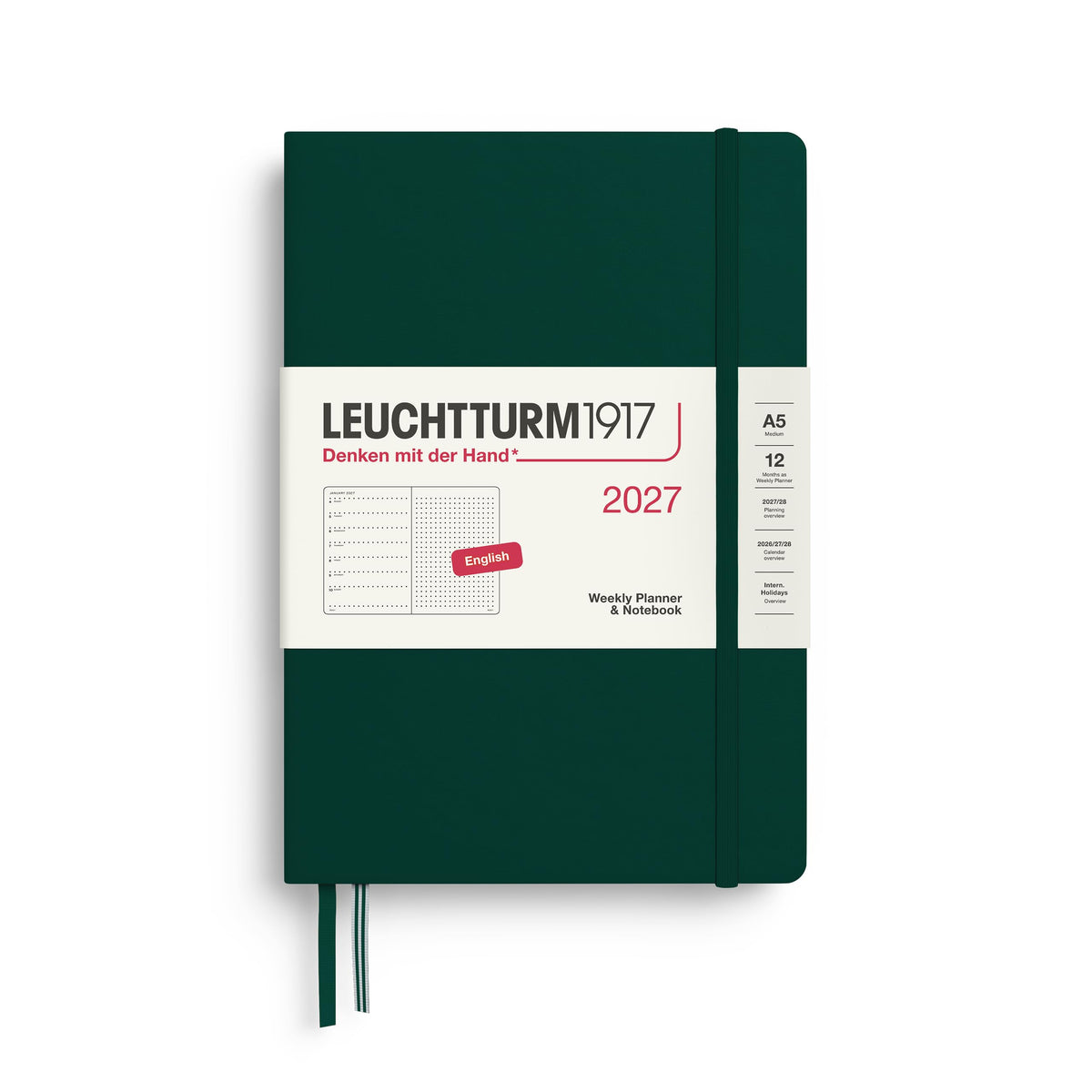 LEUCHTTURM1917 Calendar săptămânal 2027 punctat mediu (A5) cu caiet, punctat - planificator de întâlniri în engleză, verde pădure, cartonat, ianuarie-decembrie 2027, prezentare generală săptămânală în stânga + pagină cu note în dreapta - 400262