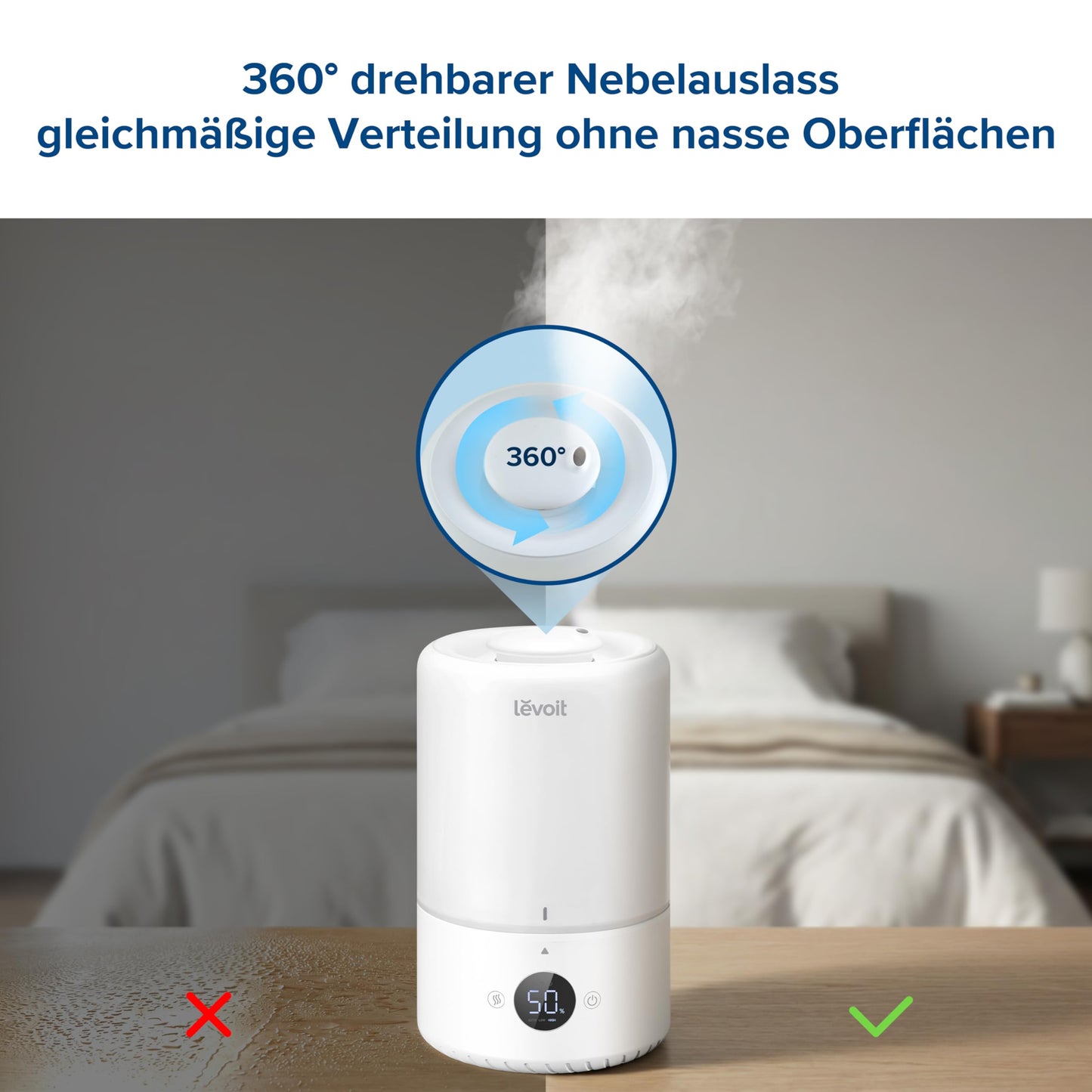 Levoit Smart Humidifier Bedroom, 20dB Quiet, Top-Fill Humidifier for Baby, Humidity Sensor, Room Humidifier with 360° Rotating Nozzle for Children's Room, Plants, 3 L, Cream White - LUH-D302S-WDE