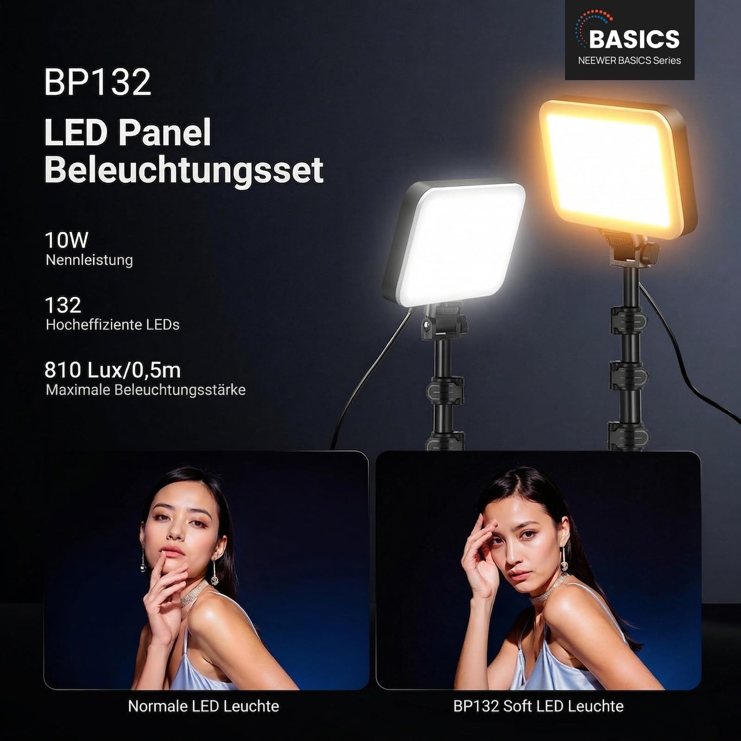 NEEWER Basics 2 Pack LED Video Light Panel Light Set, 6.2" Dimmable Portable Studio Light with 53" Tripod, 3200K-5600K/CRI95+ 810 Lux for Photography, Video Recording, Streaming and Podcasts, BP132 - BP132（2