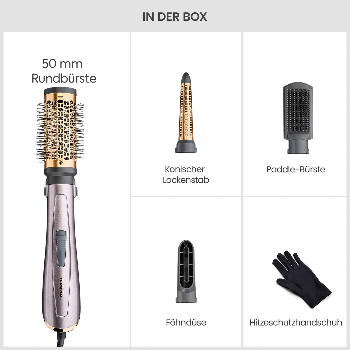 BaByliss Air Style 1000 – All-in-One Hot Air Brush, Volumizer, Straightening Brush, and Curling Iron, Ion Technology for Anti-Frizz, 4 Attachments, Copper/Grey, AS136E