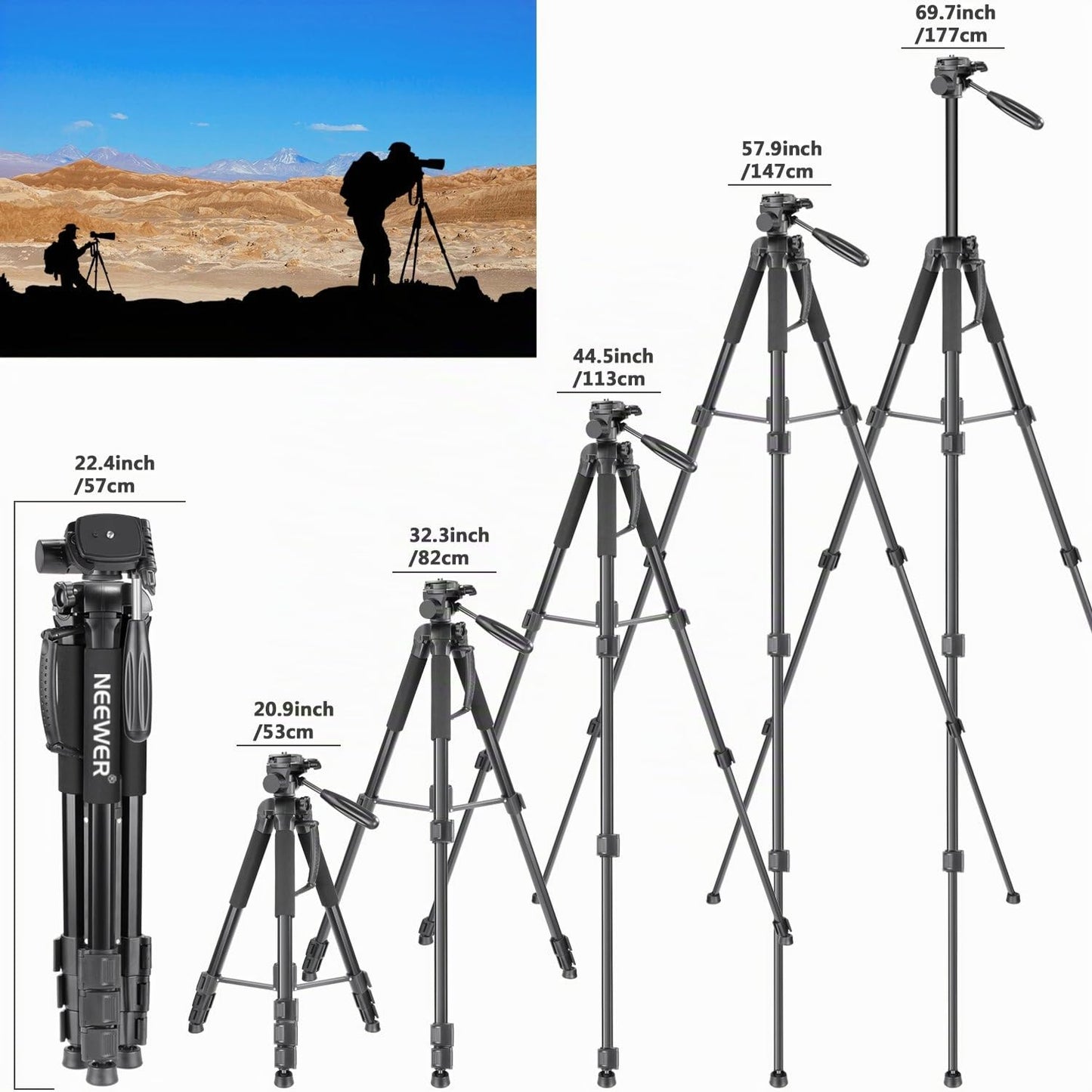 Neewer Portable 177cm Aluminum Alloy Camera Tripod Monopod with 3-Way Swivel Pan Head for DSLR Camera Black - 10089015