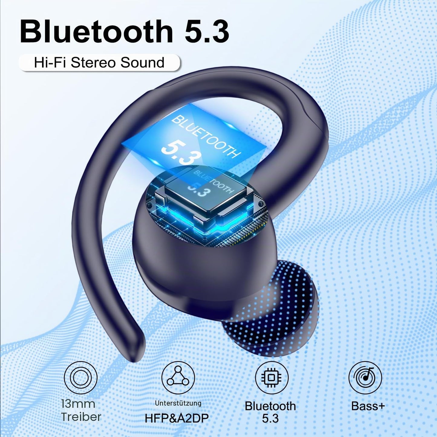 Csasan Bluetooth headphones sports, in-ear headphones, wireless Bluetooth 5.3 with ear hook, Hi-Fi stereo sound, 48 hour earbuds with 4 ENC noise canceling microphones, IPX7 waterproof earphones, blue - V90