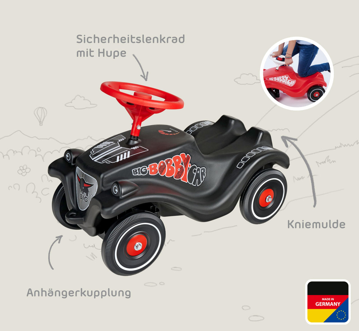 Big Bobby Car Classic GT - Ride-on car with racing design, safety steering wheel with horn, ergonomic body, towing hitch, children's vehicle in black-red, suitable from 12 months. - 800056149