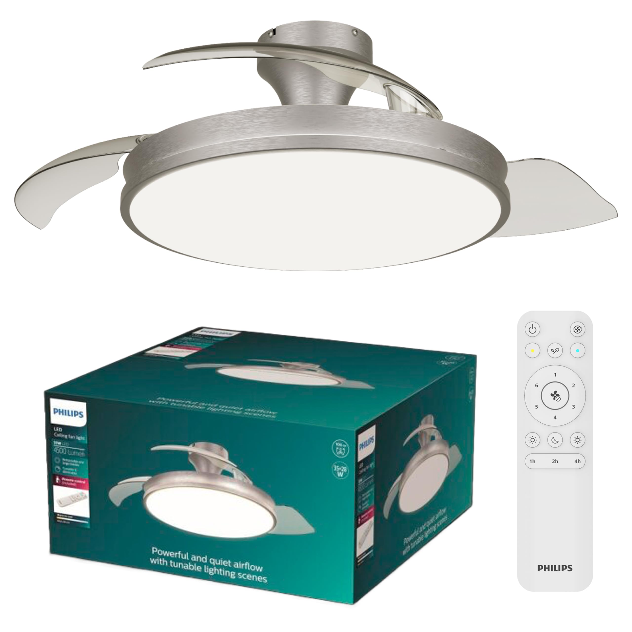 Philips Atlas ceiling fan with LED light and retractable blades, 3 blades, 106 cm wingspan, 4,500 lumens, adjustable. Light (3,000 K to 6,500 K), dimmable up to 5%, incl. remote control, nickel - 929004749901