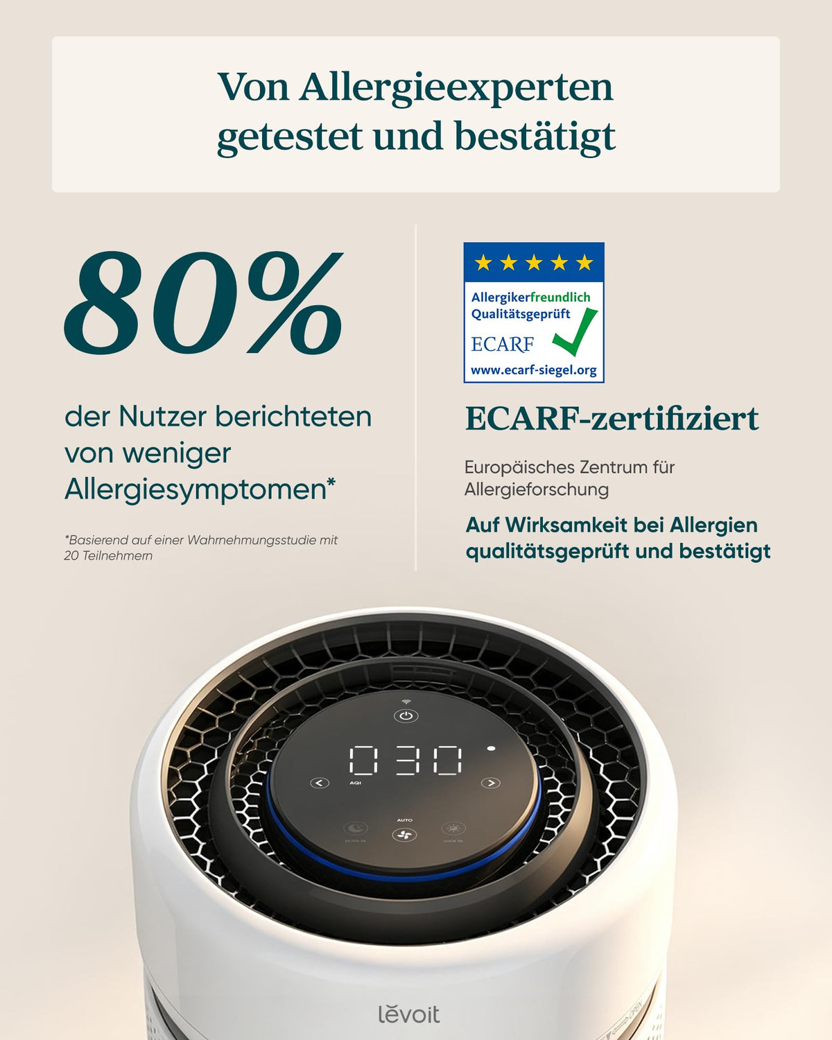 Levoit Eleva 300X Air Purifier Allergic, 19 dB, Auto Mode, up to 56 m² - LAP-C341S-WEU