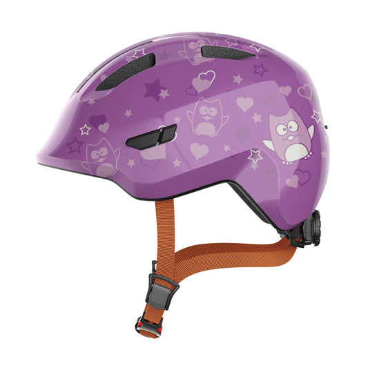 ABUS children's helmet Smiley 3.0 - bicycle helmet with a deep fit, child-friendly designs & space for a braid - for girls and boys - purple with owl pattern, size S - 67259