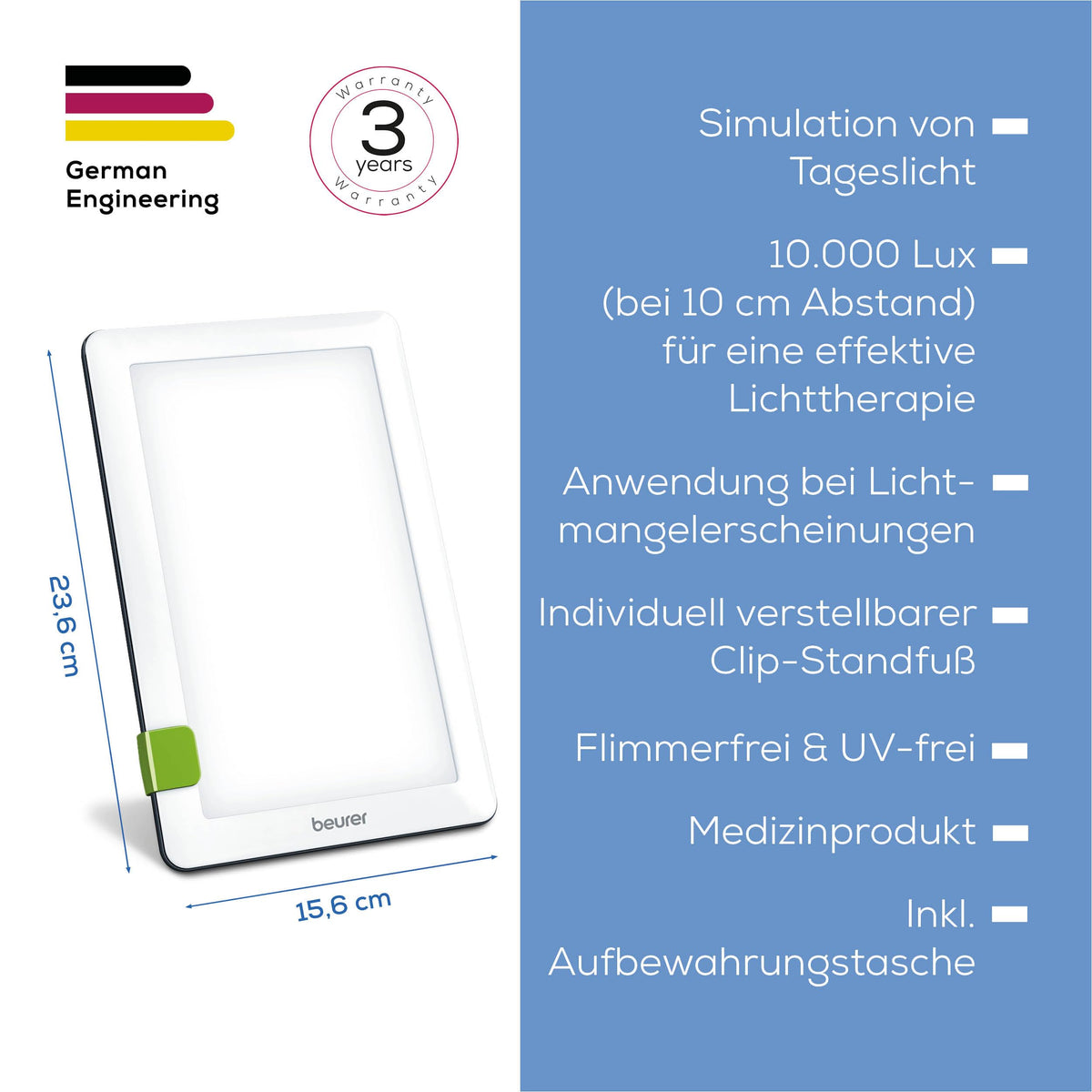 Beurer TL 30 Daylight Lamp, simulation of daylight, up to 10,000 Lux, medical device, flicker-free and UV-free LED technology, daylight lamp with adjustable stand and carrying case. - 608.05