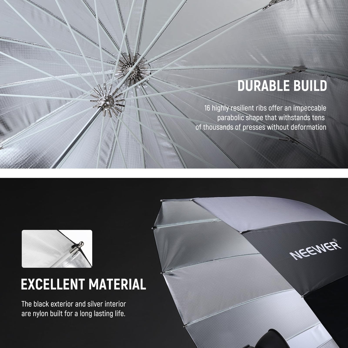 NEEWER 104cm Parabolic Reflective Umbrella for Photography, Studio Umbrella with Silver Interior, Soft Lighting with Diffuser Cover, Bag, Quick-Folding for Camera, Video Light, NS1U - 10103469