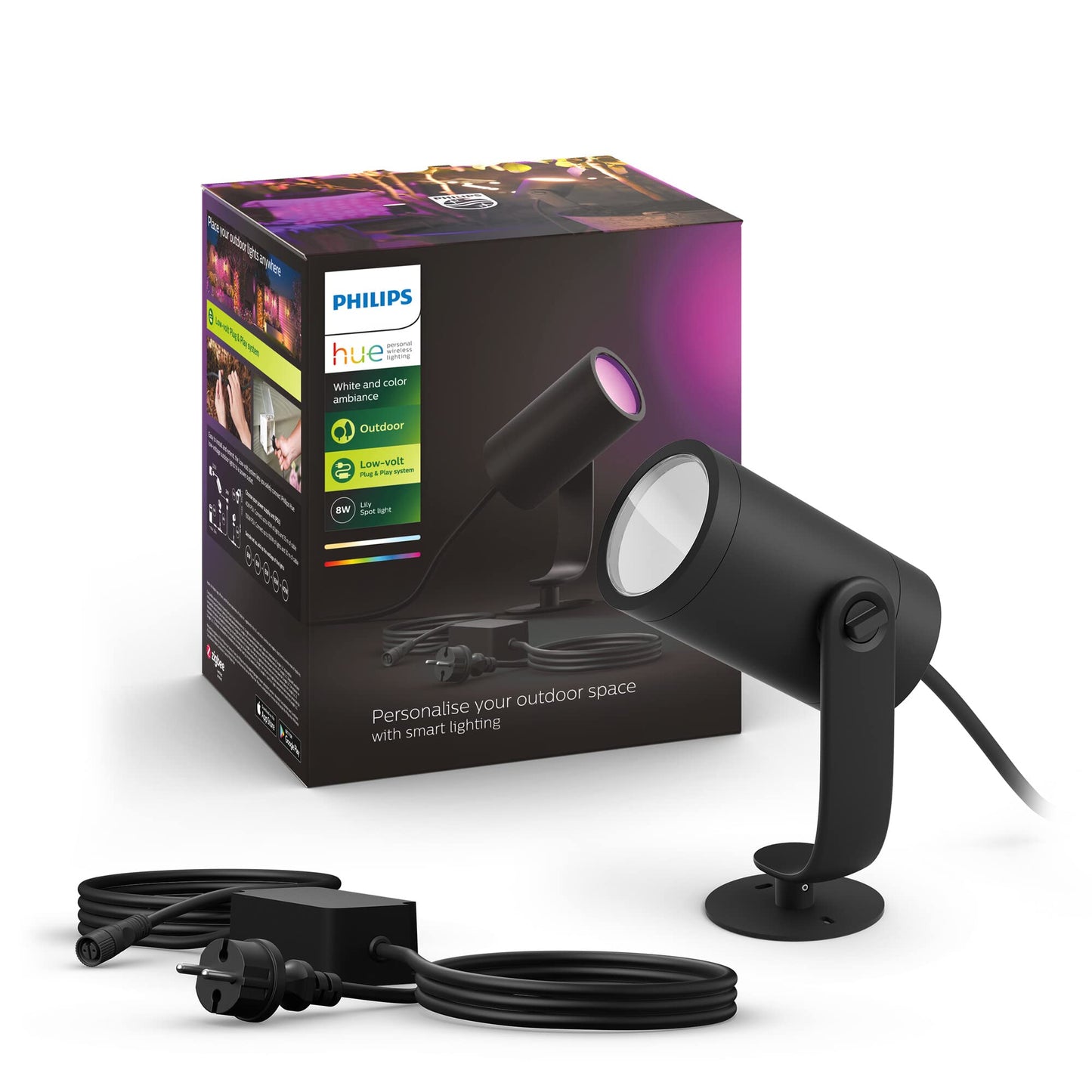 Philips Hue White & Color Ambiance Lily garden spot standard set with 40W power supply (590 lm), dimmable outdoor light with 16 million colors, light control via voice or app, black - 915005671701