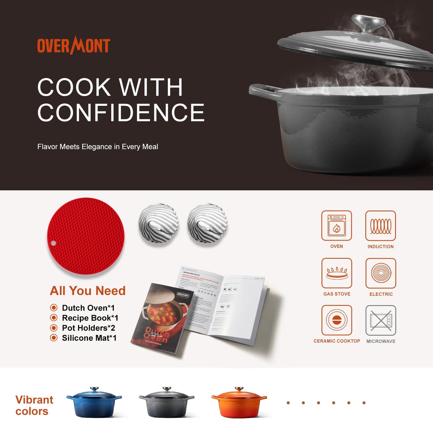 Overmont roasting pan enamel cast iron pot - casserole dish 26cm oven-safe - with lid and cookbook - for kitchen baking stewing roasting gray - Enamelled