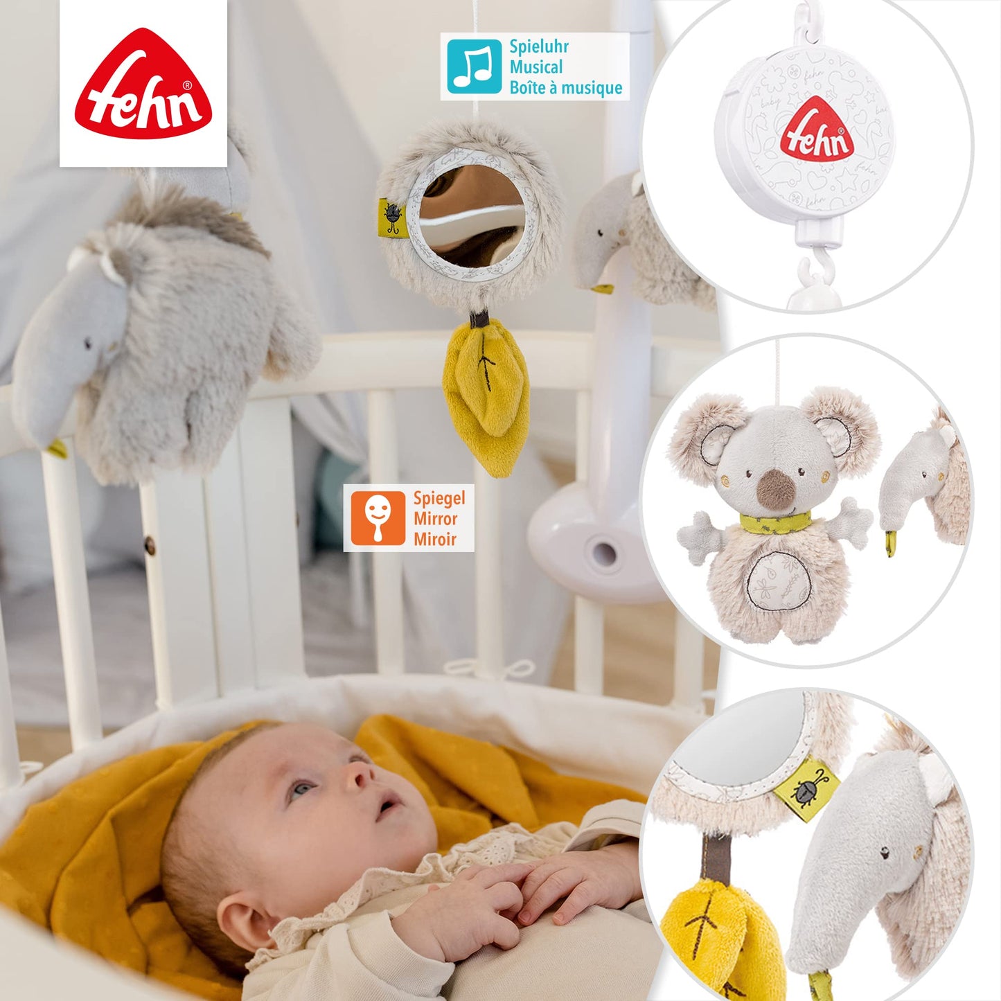 Fehn Music Mobile Australia - Baby Sleep Aid Music Toy with Cute Animals - Baby Mobile Music Box Melody "Brahms Lullaby" - Music Mobile Baby Bed Accessories Toy for Babies from 0-5 Months - 64070
