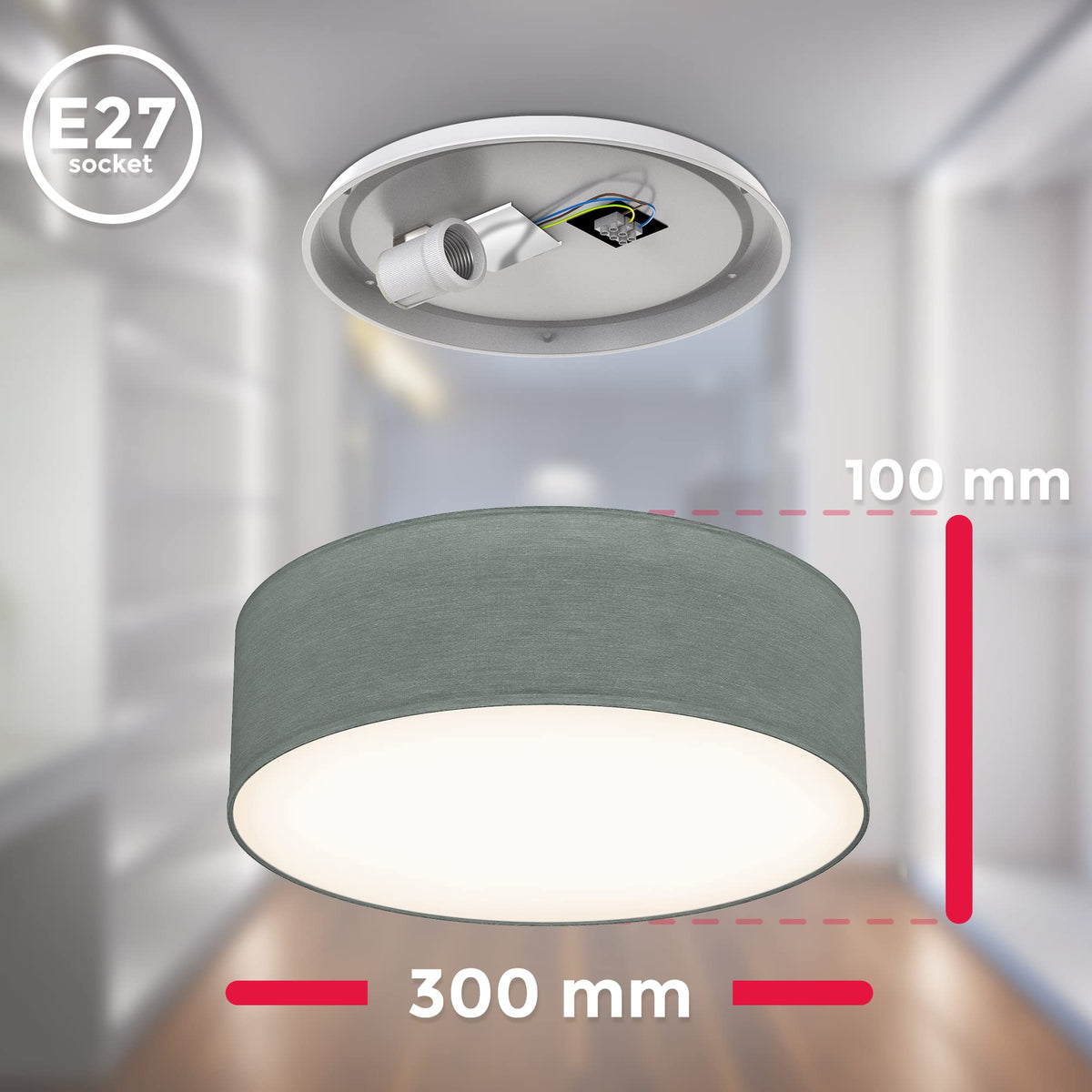 B.K.Licht - Ceiling lamp with fabric shade, E27 socket, max. 40 watts, ceiling light, lamp, living room lamp, bedroom lamp, kitchen lamp, ceiling lighting, 30x10 cm, gray - BKL1215
