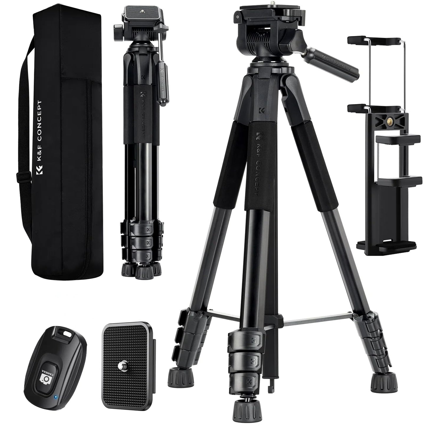 K&F CONCEPT Black Aluminum Camera Tripod S254A3+BV01, Lightweight Tripod with Bag, 172cm Mobile Phone Tripod, for Canon Nikon Sony Camera/DSLR/Camcorder/Smartphone, Travel Tripod with Mobile Phone Tablet Holder