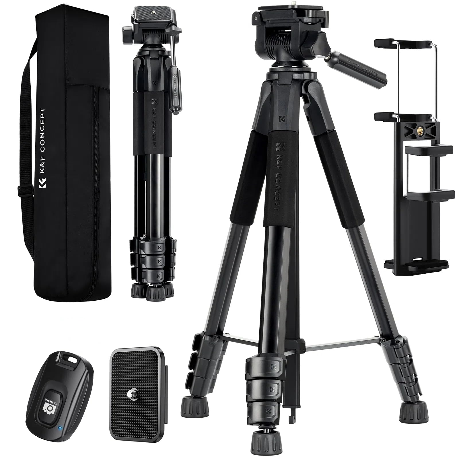 K&F CONCEPT Black Aluminum Camera Tripod S254A3+BV01, Lightweight Tripod with Bag, 172cm Mobile Phone Tripod, for Canon Nikon Sony Camera/DSLR/Camcorder/Smartphone, Travel Tripod with Mobile Phone Tablet Holder