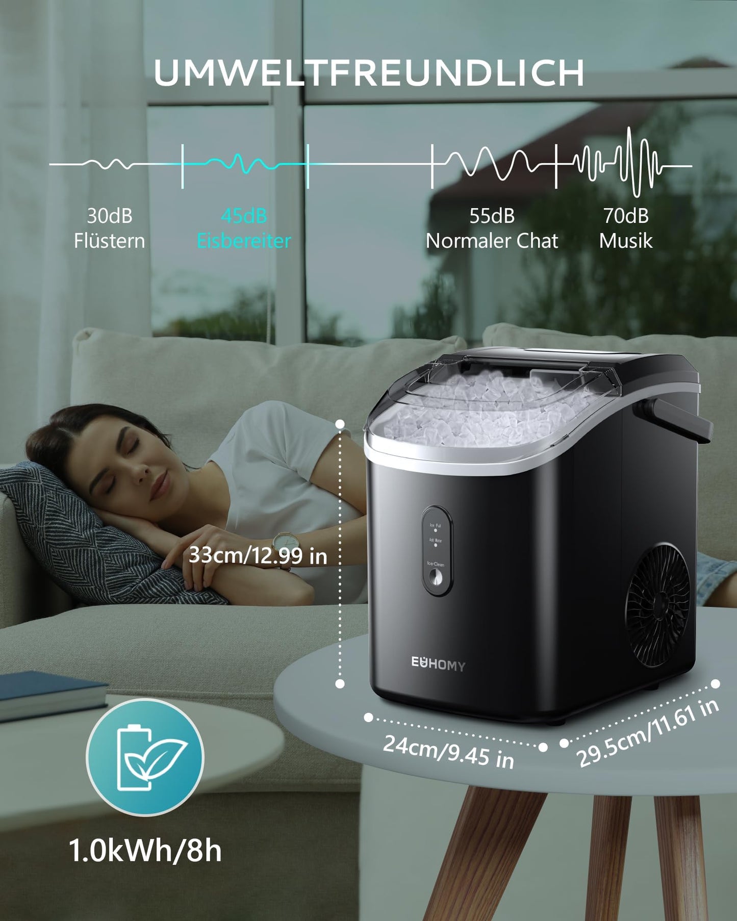 EUHOMY Ice Cube Machine, 15kg/24h, Production in 6 Minutes, Crushed Ice Maker, Nuggets Ice, Automatic Cleaning, 120W Table Ice Cube Machine, Infrared Sensor, Energy Efficient, Black - B0CSYGQPW2