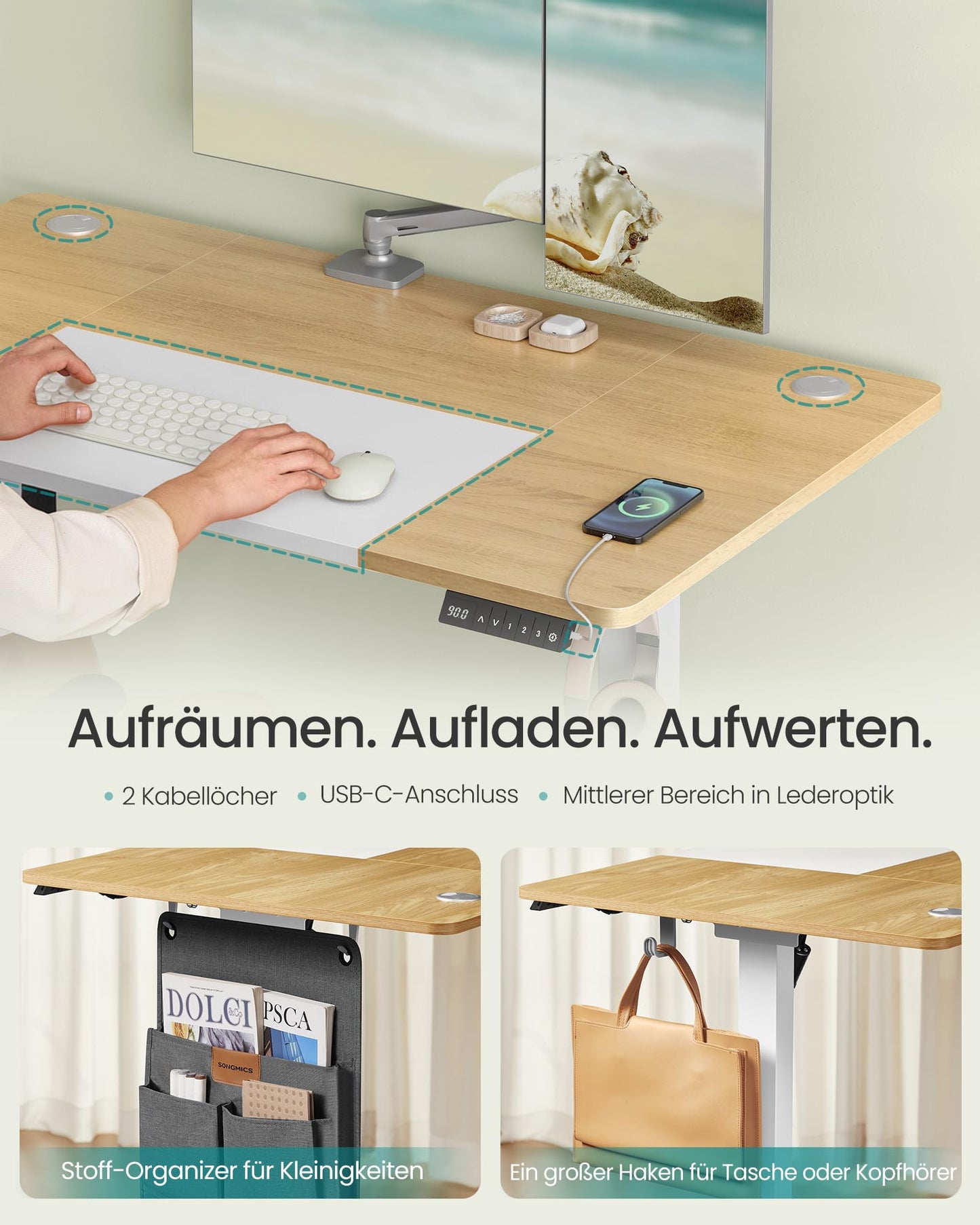 SONGMICS Electric height-adjustable desk, 120 x 60 cm, infinitely adjustable, memory function with 4 heights, natural oak color-matt white LSD015N01