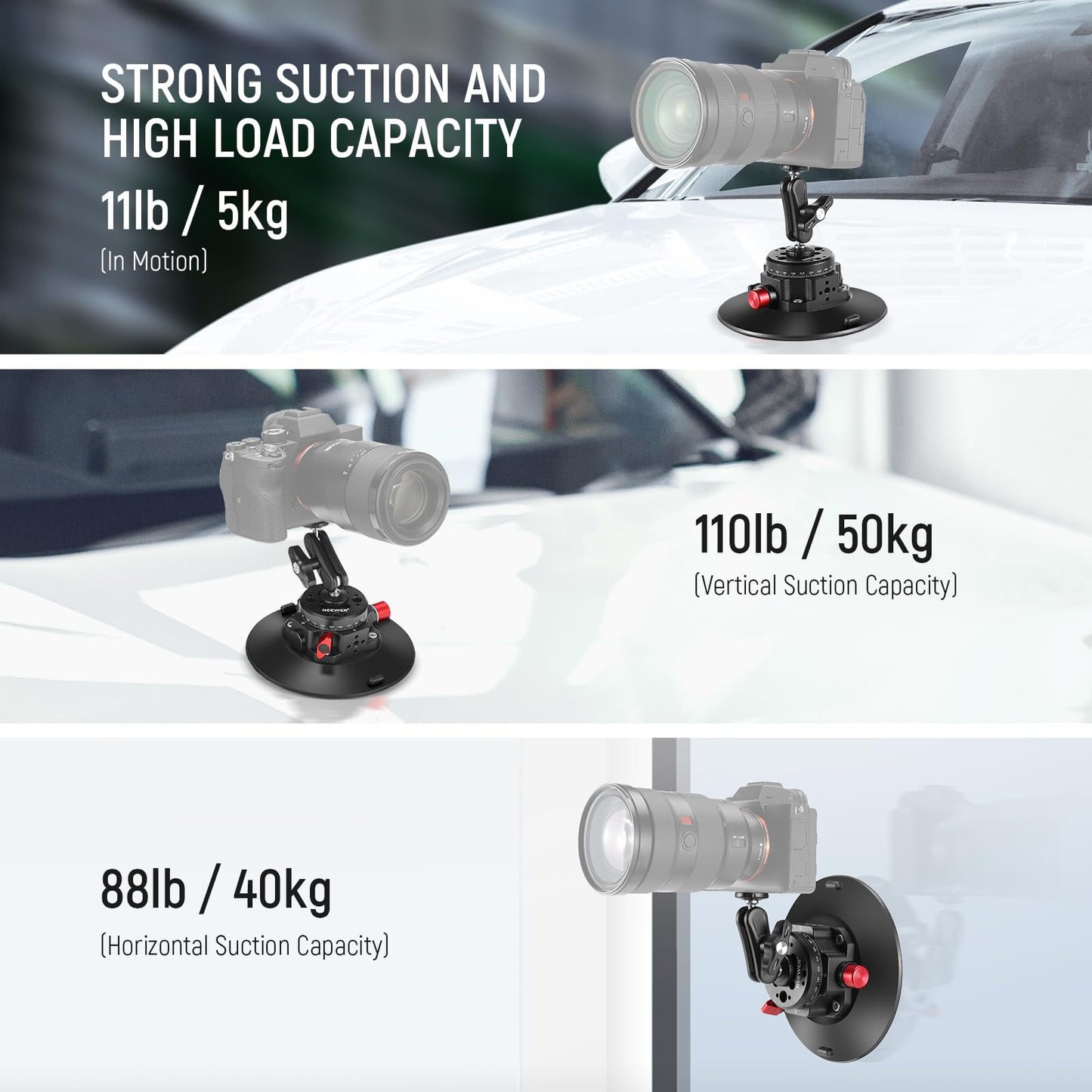 NEEWER 6" Suction Cup Camera Mount Compatible with GoPro Metal Ball Head for Windshield with Magic Arm and Action Cam Adapter Cleaning Cloth for DSLR Mobile Phone Holder for POV Recordings, CA013