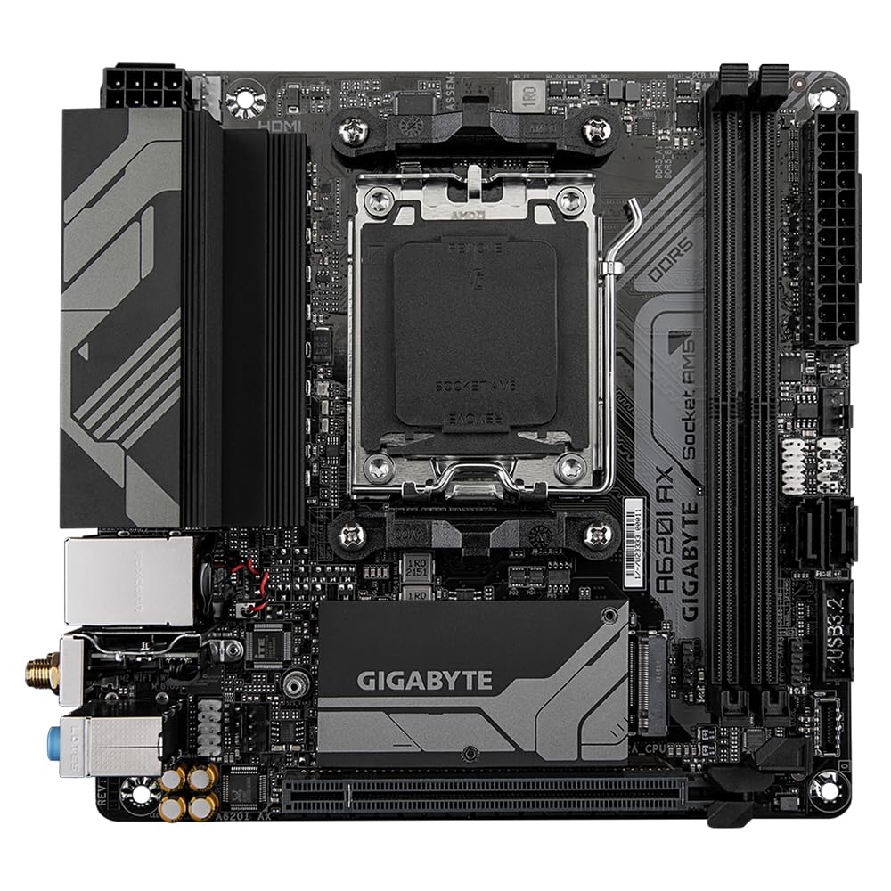 Placa de bază GIGABYTE A620I AX - Suportă procesoare AMD Ryzen 8000, VRM digital cu 5+2+1 faze, până la 6400MHz DDR5 (OC), 1xPCIe 4.0 M.2, Wi-Fi 6E, LAN 2.5GbE, USB 3.2 Gen 2