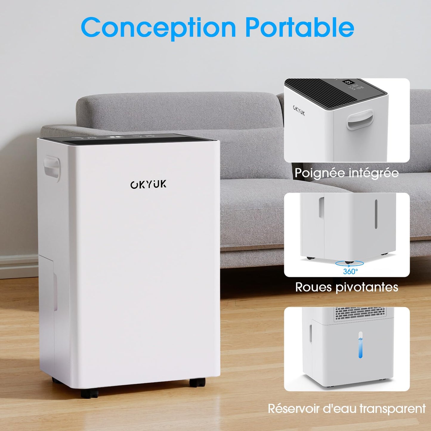 OKYUK Electric Dehumidifier 20L with Digital Humidity Display, 36dB Quiet 40m², with Automatic Switch-Off, for Motorhome, Bathroom, Basement, 1 Year Exchange/10 Year Warranty (20L White) - PD20R-06EE