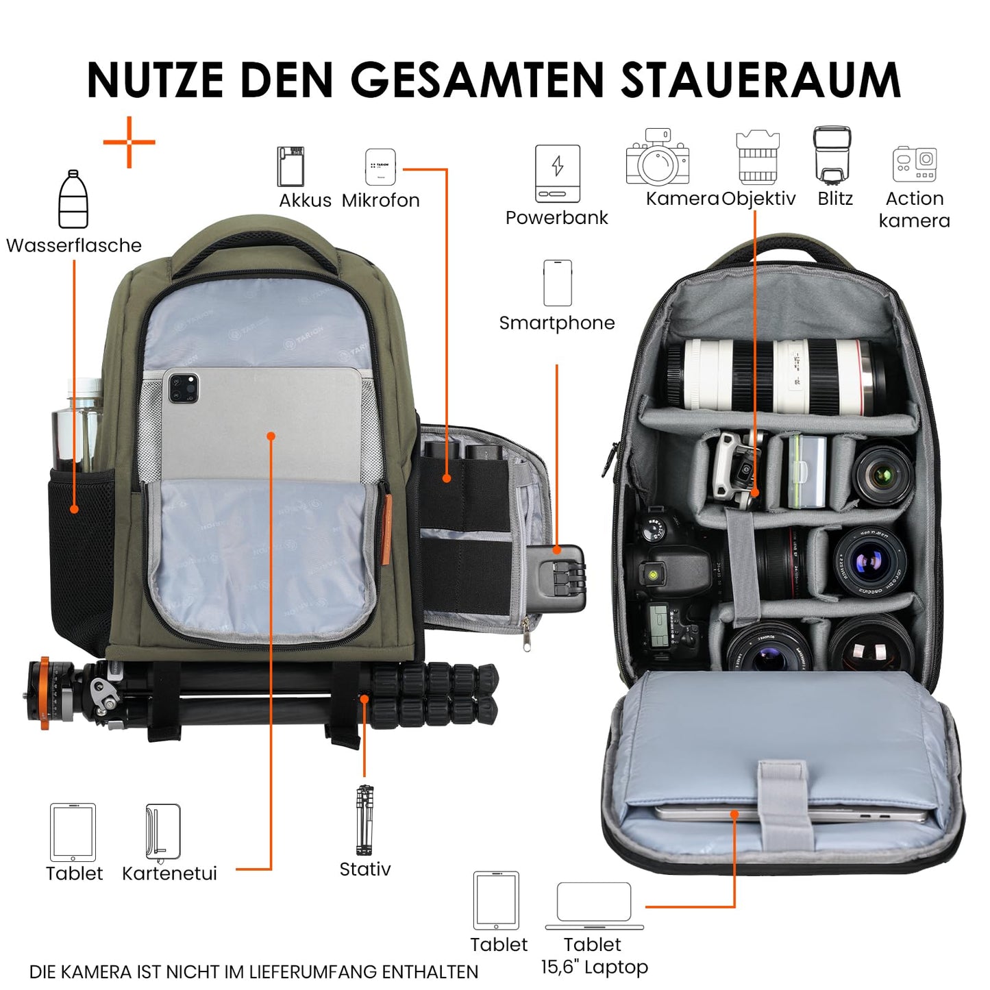 TARION Camera Backpack SLR Photo Backpack Waterproof | Lightweight and compact | Small DSLR backpack with 15" laptop compartment and rain cover (green) - TB-02-GN-EU
