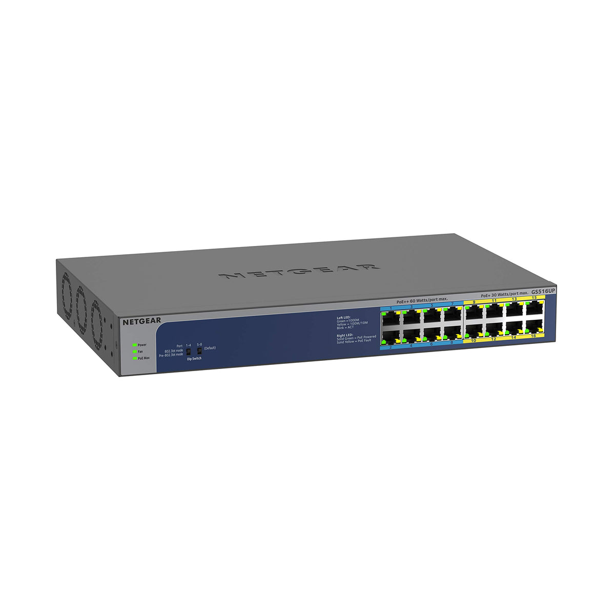 Switch Netgear GS516UP 16 Port Gigabit Ethernet LAN Ultra60-PoE (cu 8X PoE+ și 8X PoE++ 380W, Plug-and-Play, montare desktop sau rack de 19 inch, garanție ProSAFE pe viață) - GS516UP-100EUS
