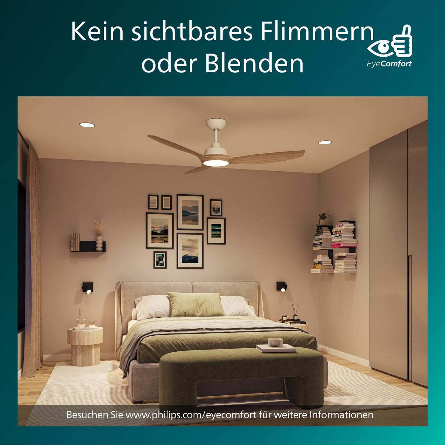 PHILIPS Olas ceiling fan with LED light, 3 blades, 132 cm diameter, 2650 lumens, adjustable white light from 3000 K to 6500 K, dimmable to 5%, including remote control, white/wood, classic - 929004641201