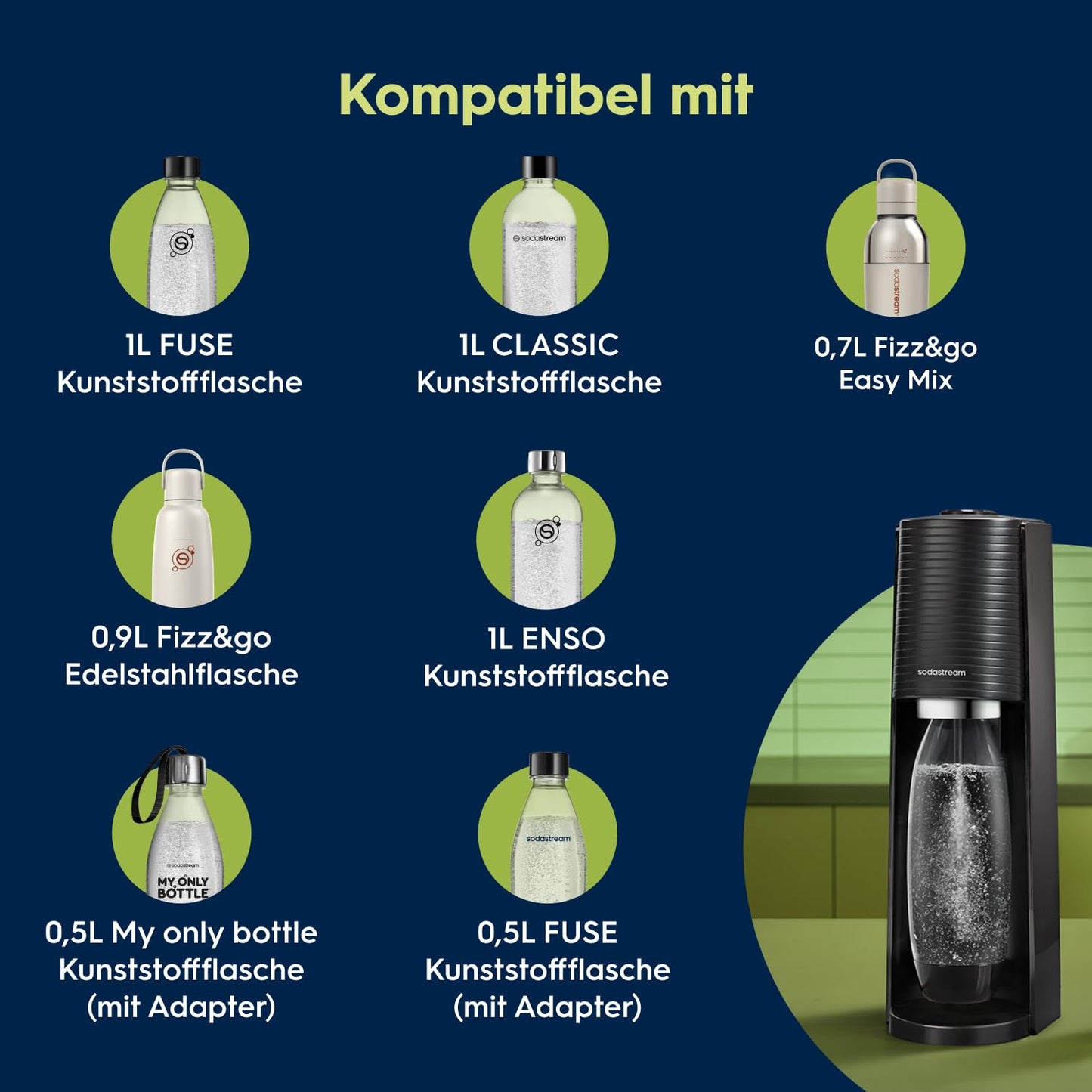 Sodastream - Terra water soda maker, Quick Connect cylinder system, with 2x 60L CO2 cylinders, 3x BPA-free 1L bottles, dishwasher safe, sustainable & reduces single-use plastic waste, black - 2270213