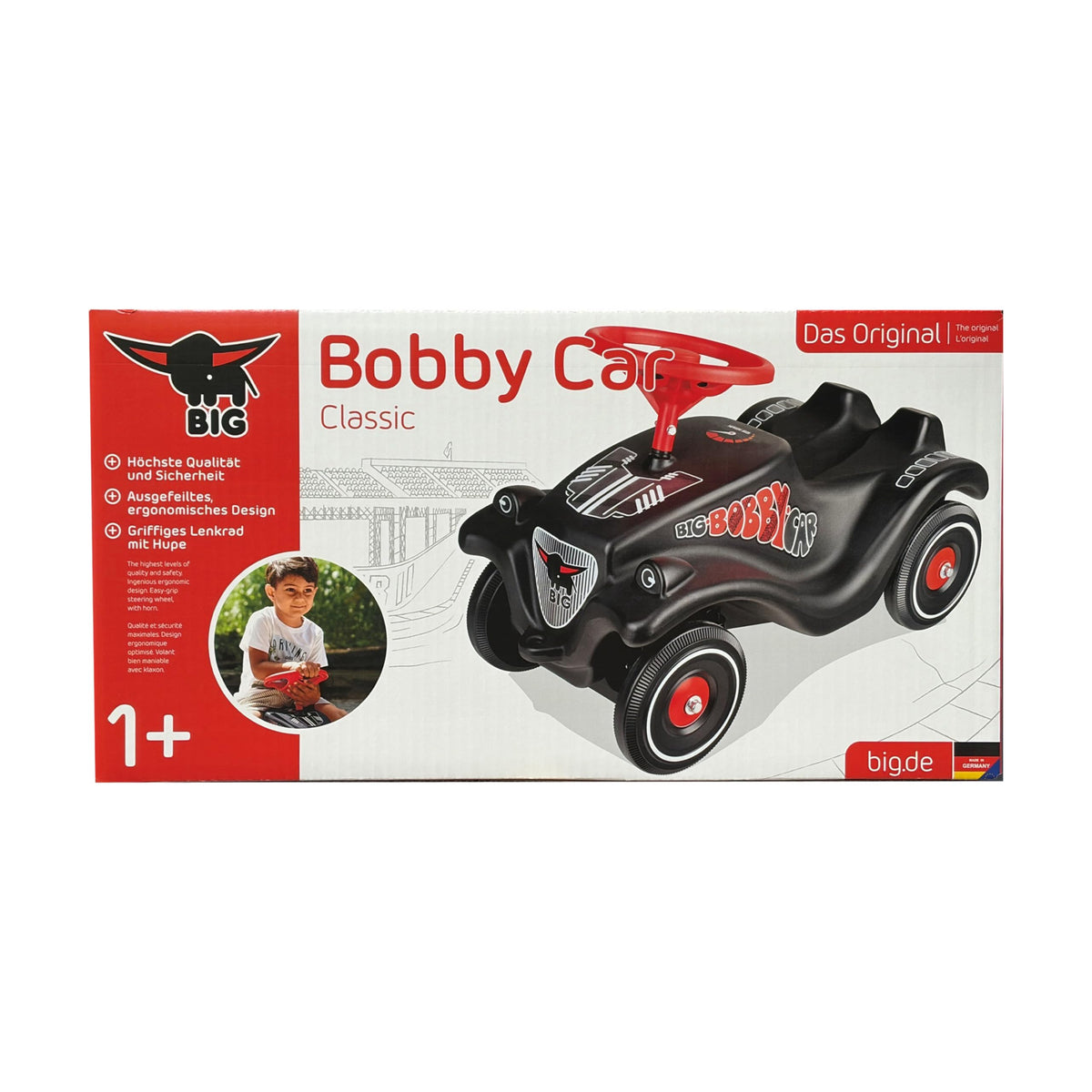 Big Bobby Car Classic GT - Ride-on car with racing design, safety steering wheel with horn, ergonomic body, towing hitch, children's vehicle in black-red, suitable from 12 months. - 800056149
