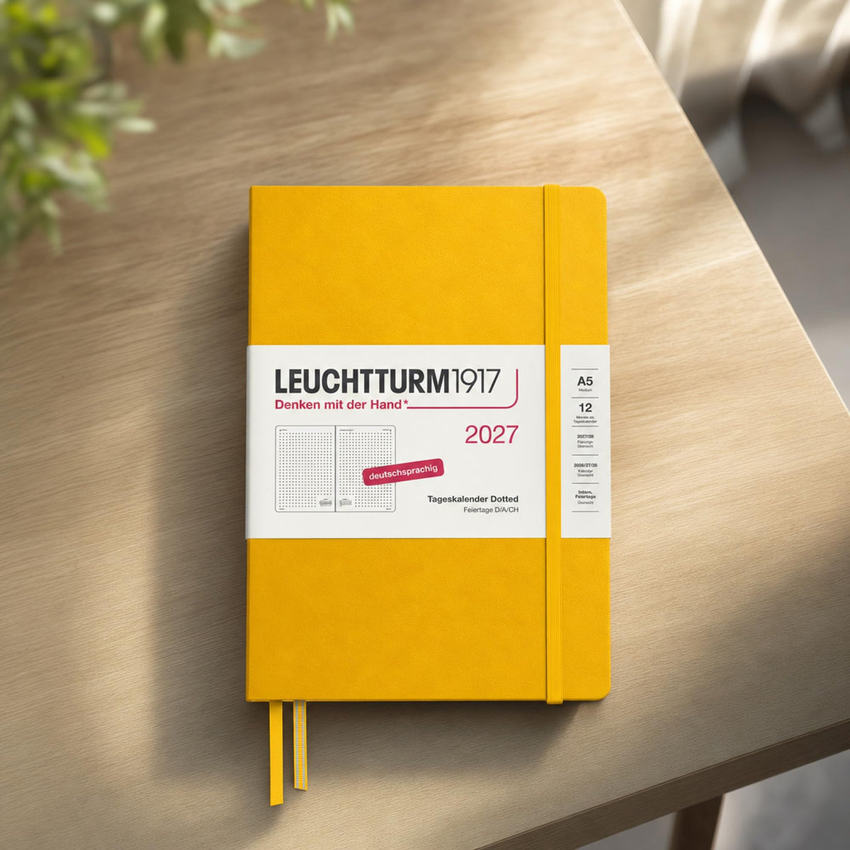 LEUCHTTURM1917 Calendar zilnic 2027 punctat mediu (A5) - germană, floarea soarelui, 145 x 210 mm, ianuarie-decembrie (12 luni), 1 pagină pe zi, grilă orară 7:00-22:00, copertă cartonată, hârtie de 80 g/m² - 400168