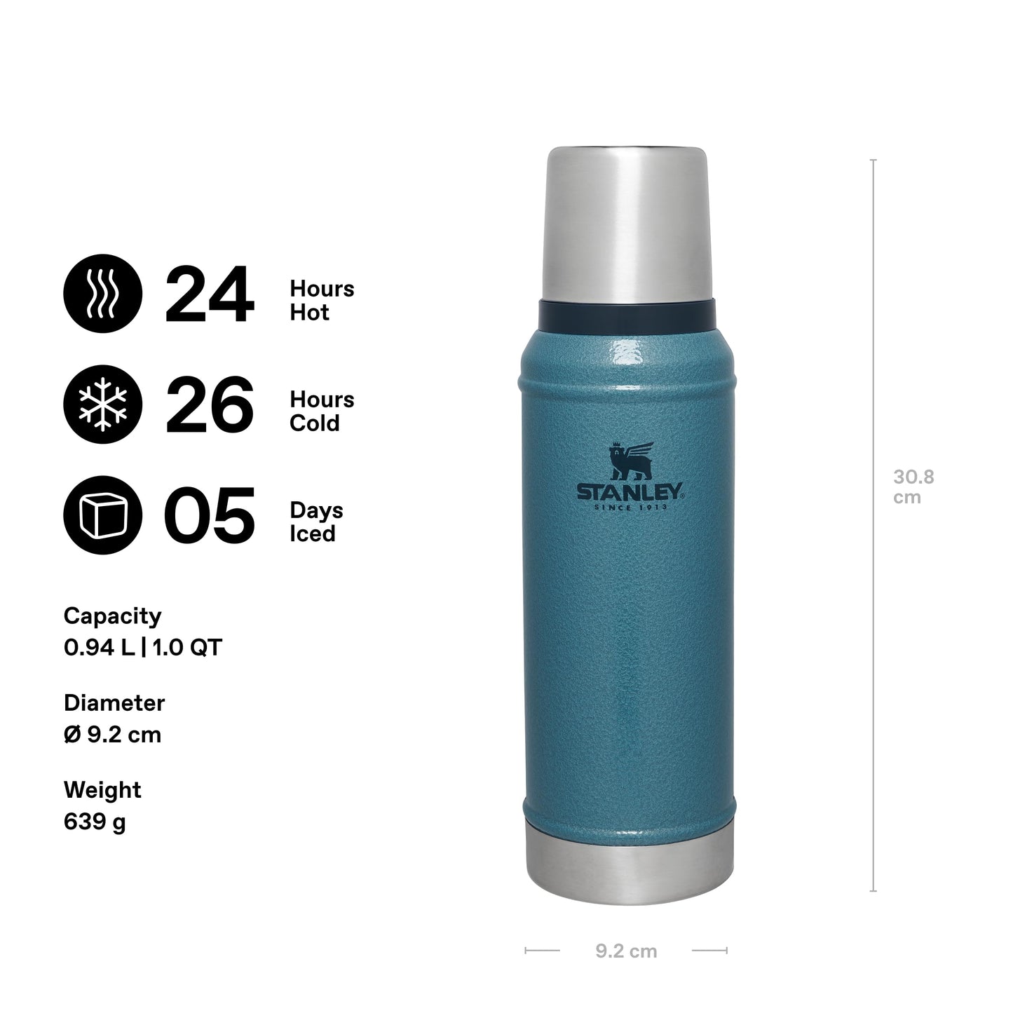 Stanley 1913 Classic Legendary Thermos Flask 0.94L - Keeps Hot or Cold for 24 Hours - Dishwasher Safe - Lid Serves as a Mug - Vacuum Flask BPA Free - Stainless Steel Thermos Flask - Hammertone Lake - 10-11346-094