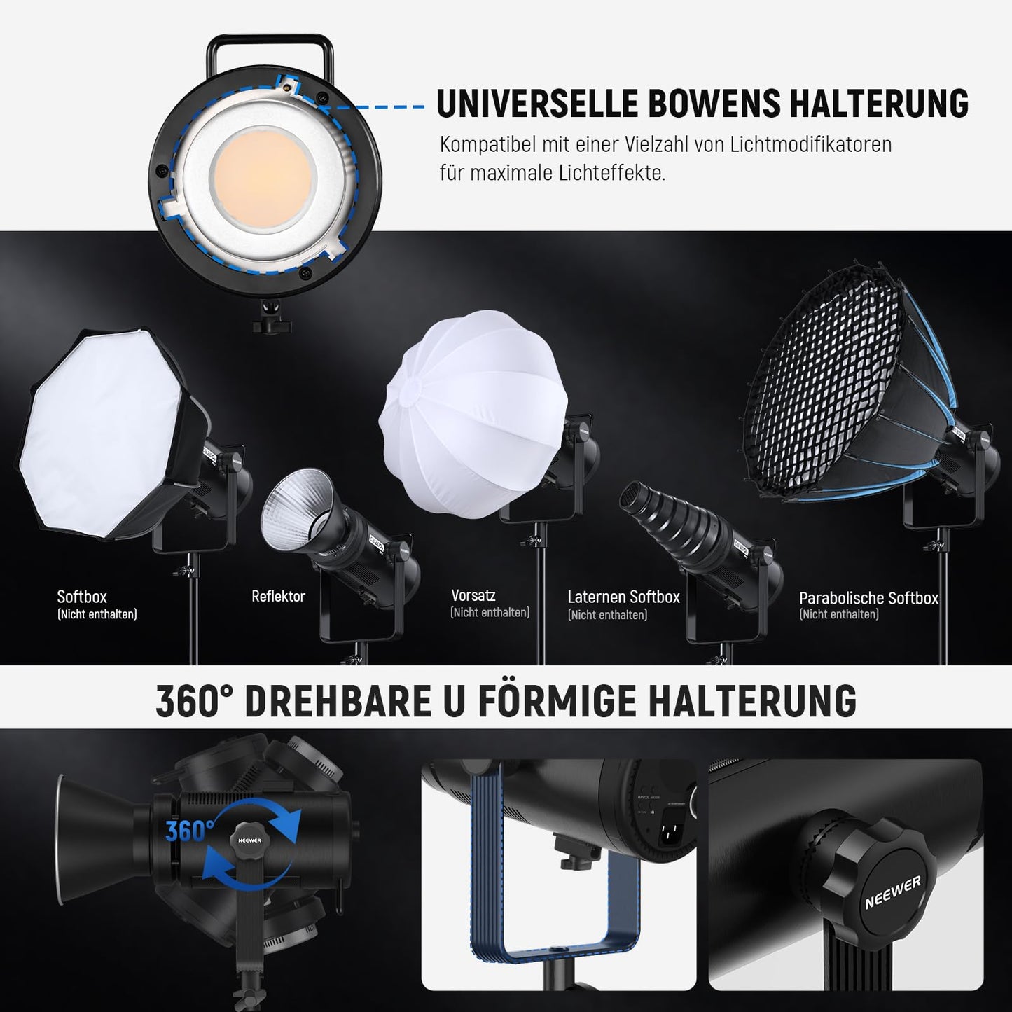 NEEWER 210W COB LED video light with 2.4 G/APP control, 2700K-6500K two-color continuous light power for studio photography with Bowens mount, 90000Lux/1m, CRI/TLCI97+, GM ±50, CB200B PRO