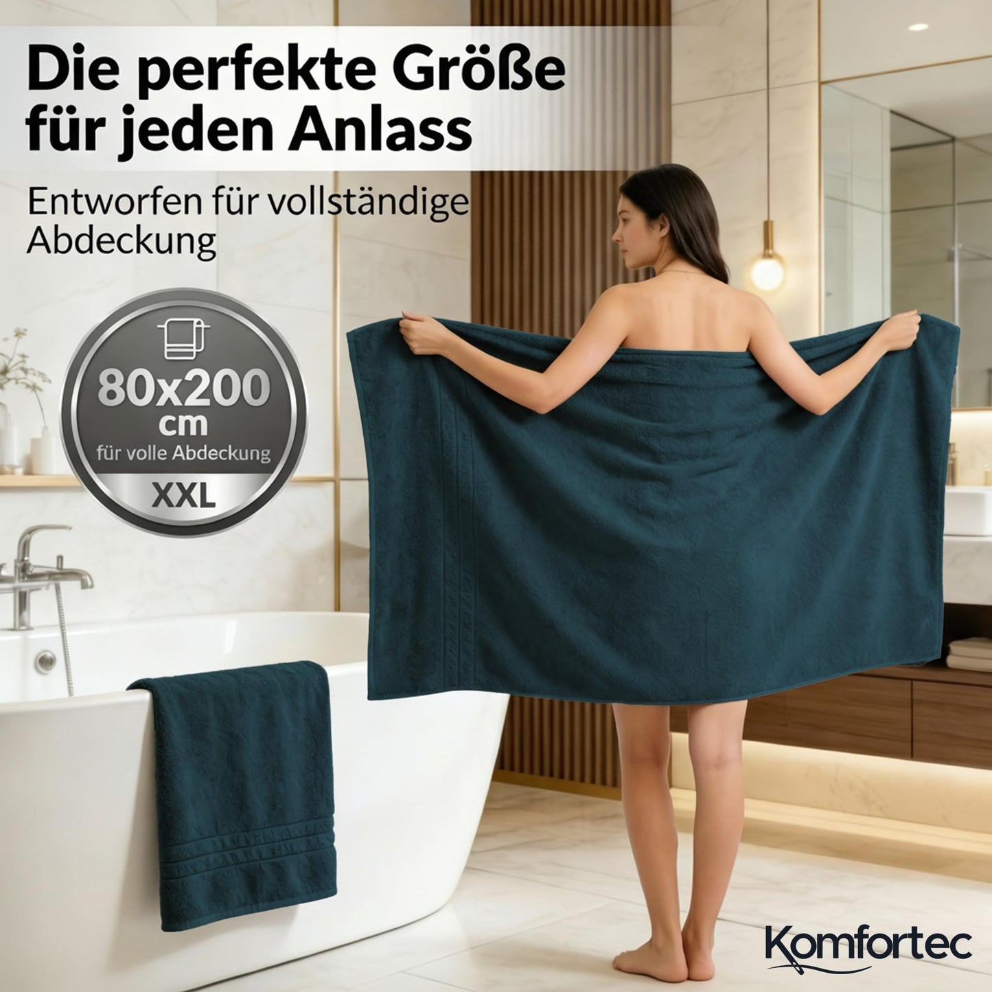 Komfortec 2 sauna towel set 80x200 cm, large sauna towels made of 100% cotton, sauna towels, fluffy and absorbent, quick-drying, petrol - 2er-80x200-petrol
