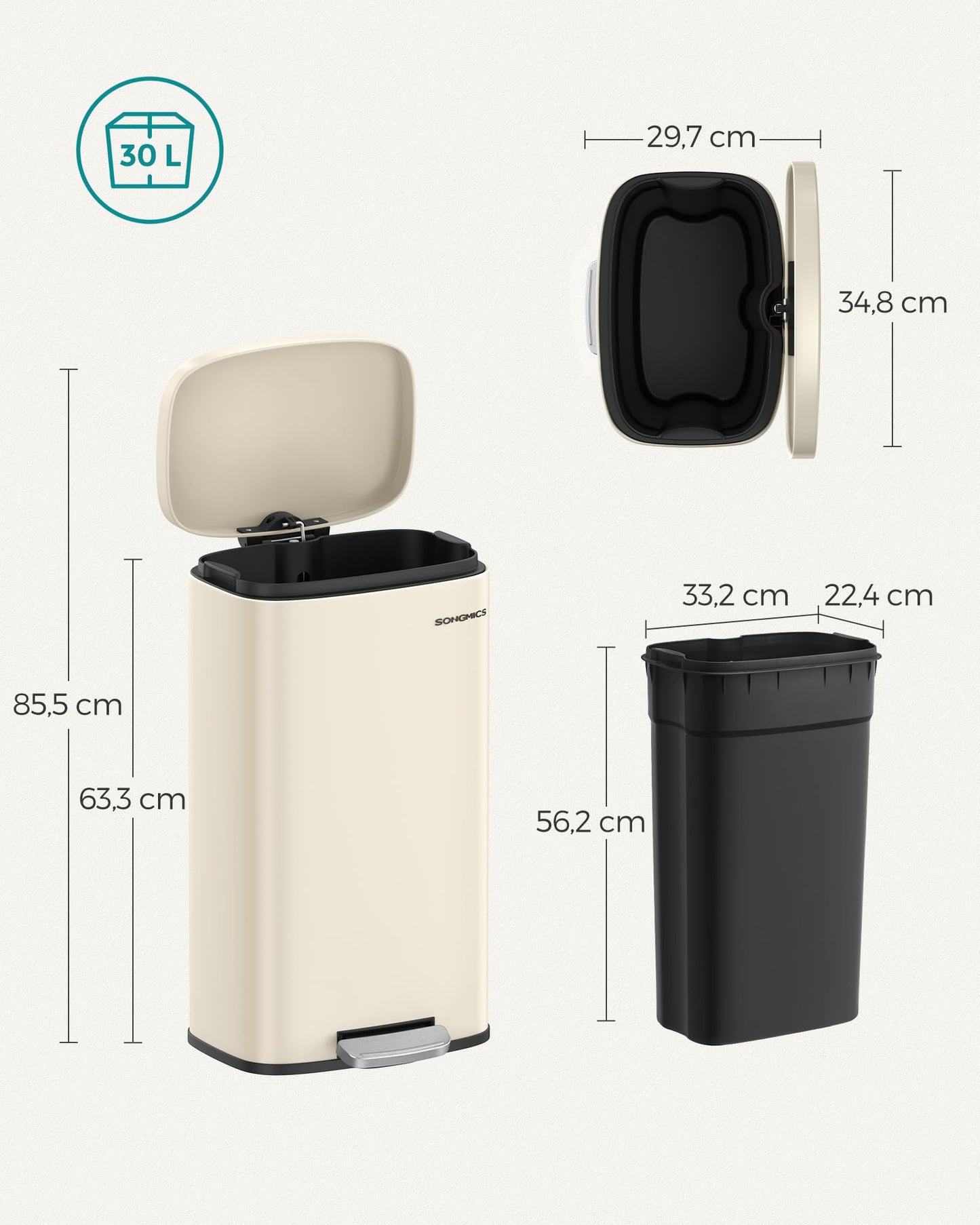 SONGMICS kitchen rubbish bin, 30 liters, waste bin, pedal bin, with lid, soft close, foot pedal, steel, inner bin, sand beige LTB03A02