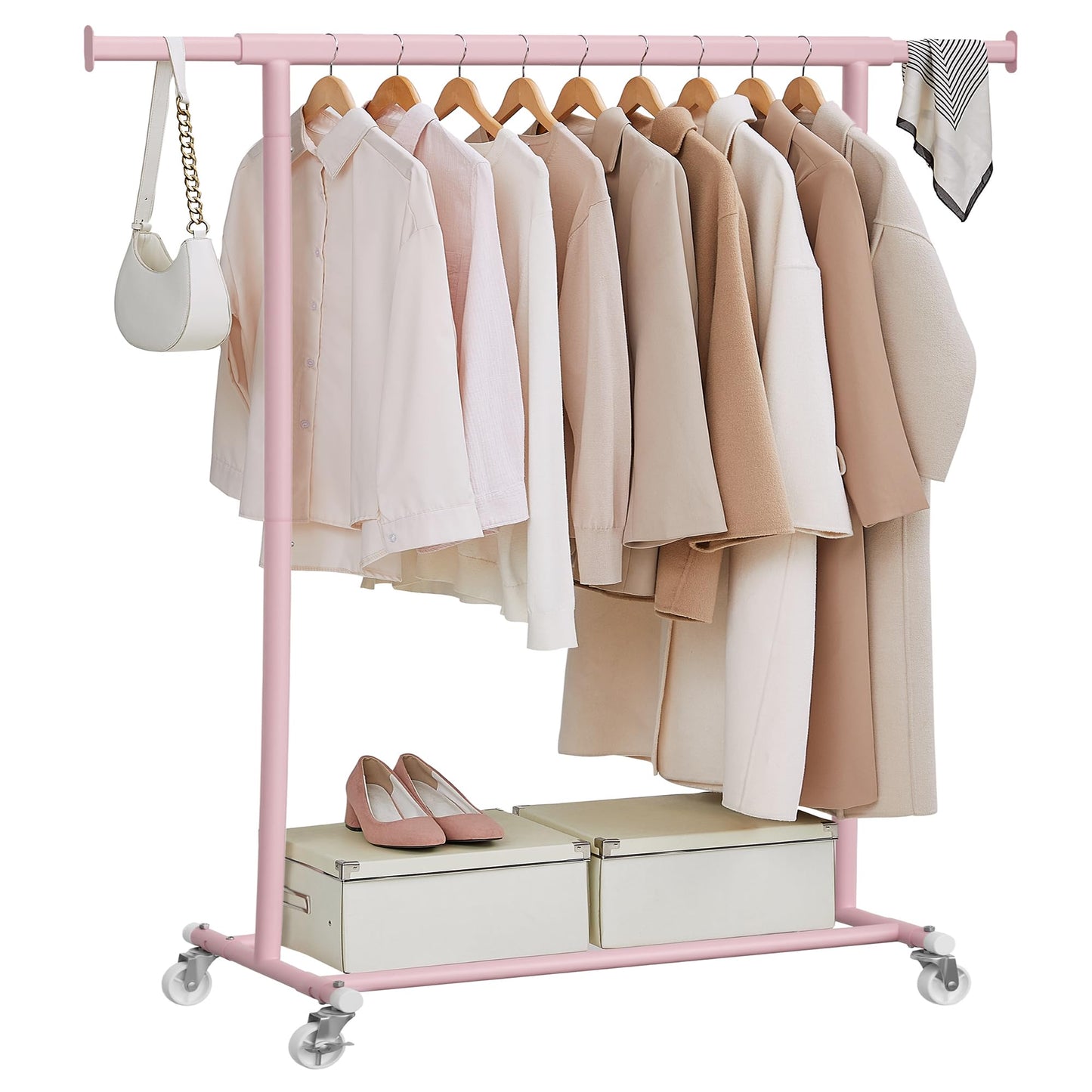 SONGMICS Clothes Rack on Wheels, Heavy Duty Coat Rack, Extendable Clothes Rail, Holds up to 100kg, Easy Assembly, Portable, Pastel Pink HSR013R01 - UHSR013G01