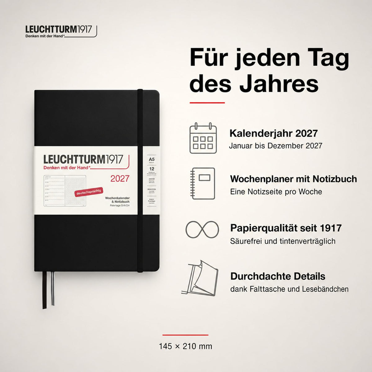 LEUCHTTURM1917 Calendar săptămânal 2027 punctat mediu (A5) cu caiet - Planificator de întâlniri german, negru, ianuarie-decembrie 2027, prezentare generală săptămânală în stânga + pagină cu note în dreapta - 400090