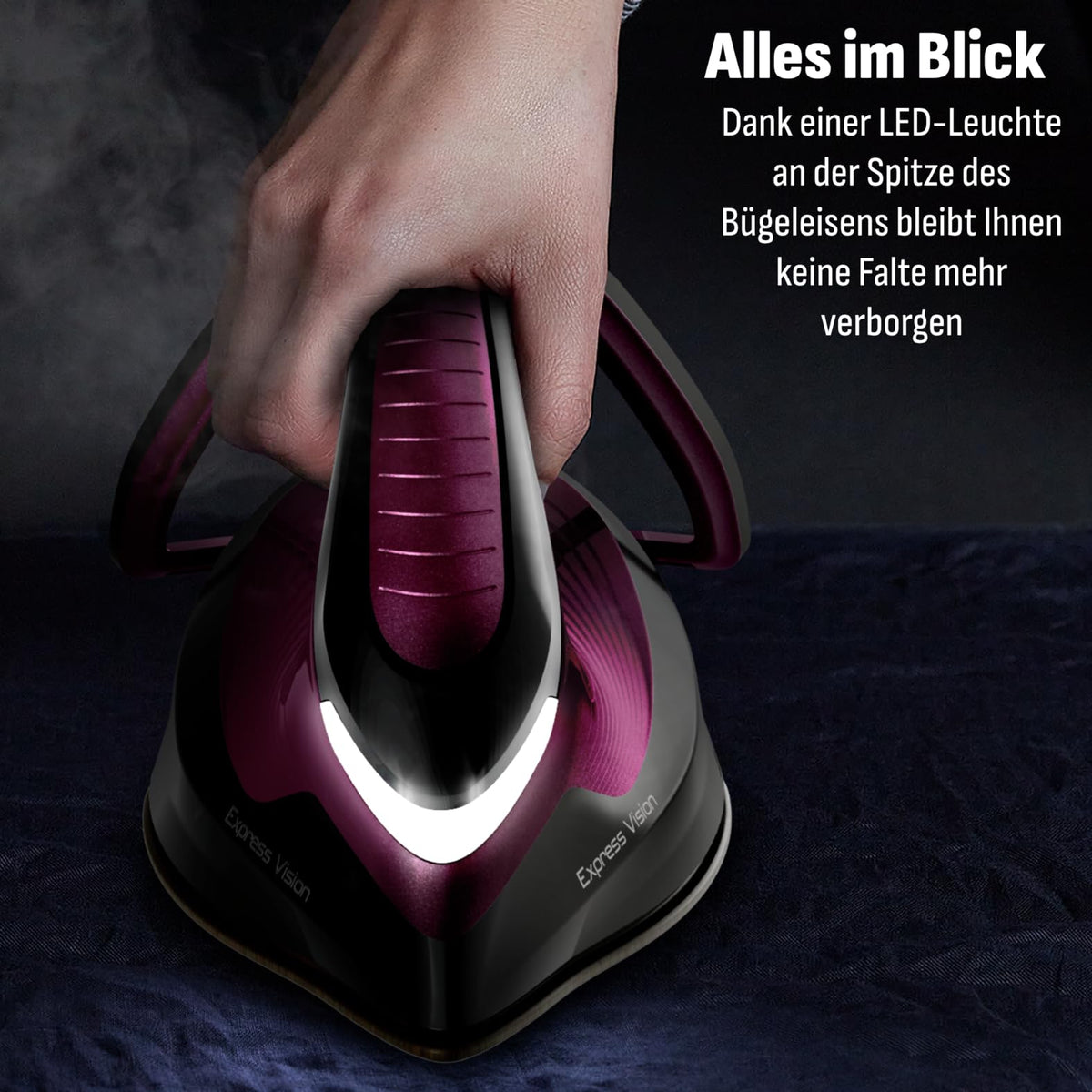 Tefal Express Vision, putere puternică de 6,9 bari, impuls de abur: 480g/min, tehnologie Smart Temp, iluminare LED, colector de calcar detașabil, mod Eco, rezervor de apă de 1,8 L, violet/negru, SV8152