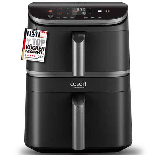 COSORI Airfryer, hot air fryer 2 chambers, 10.8 L hot air fryer, innovative multiple air speed, saves 41 percent space, includes recipe book and stainless steel grate, silver gray - CAF-ADE-airfryer