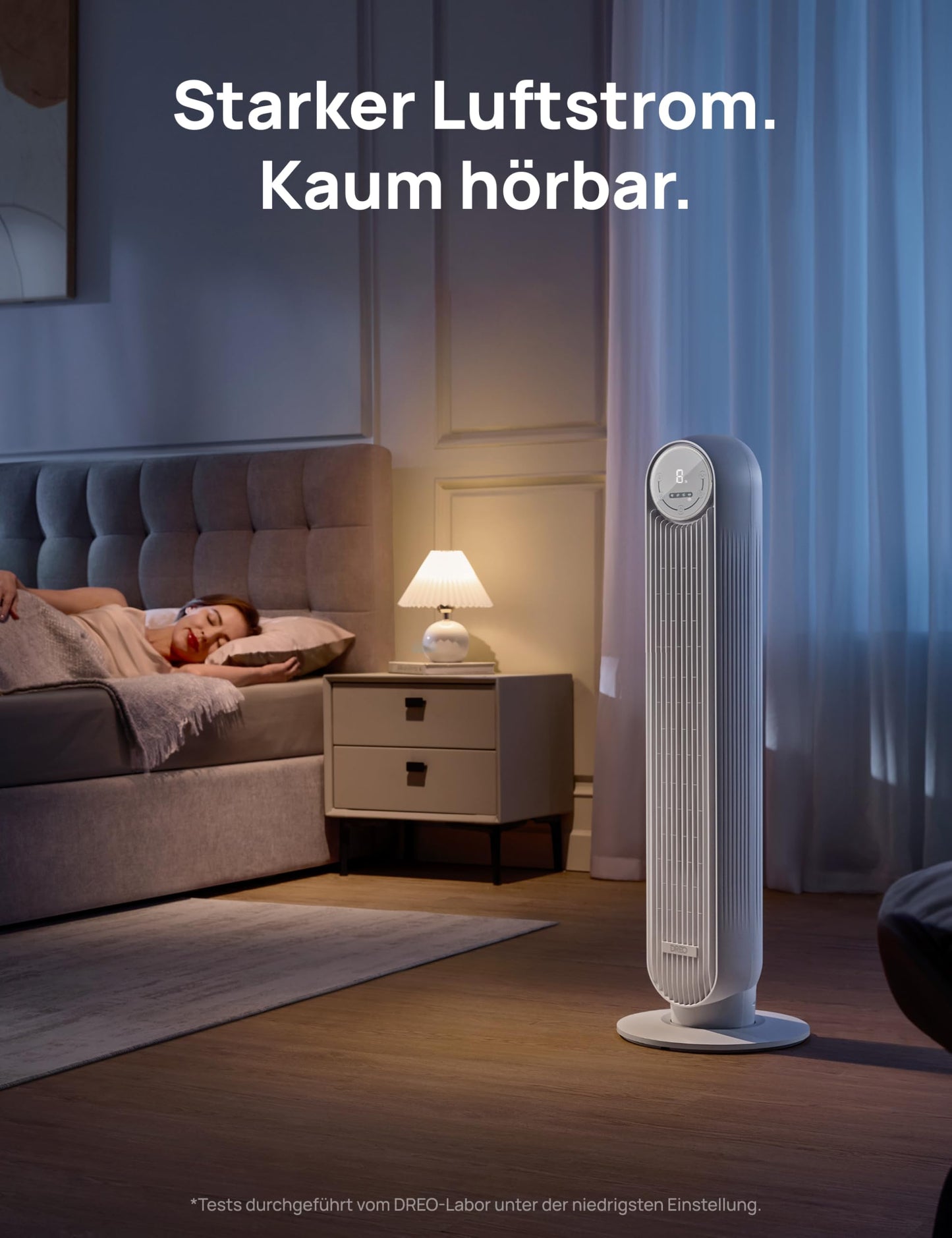 DREO 20dB Quiet Tower Fan, 10m Throw 4 Speed Levels 4 Modes 8 Hour Timer 90° Oscillating Fan with Cooling Remote Control for Bedroom, Nomad One, White - DR-HTF007