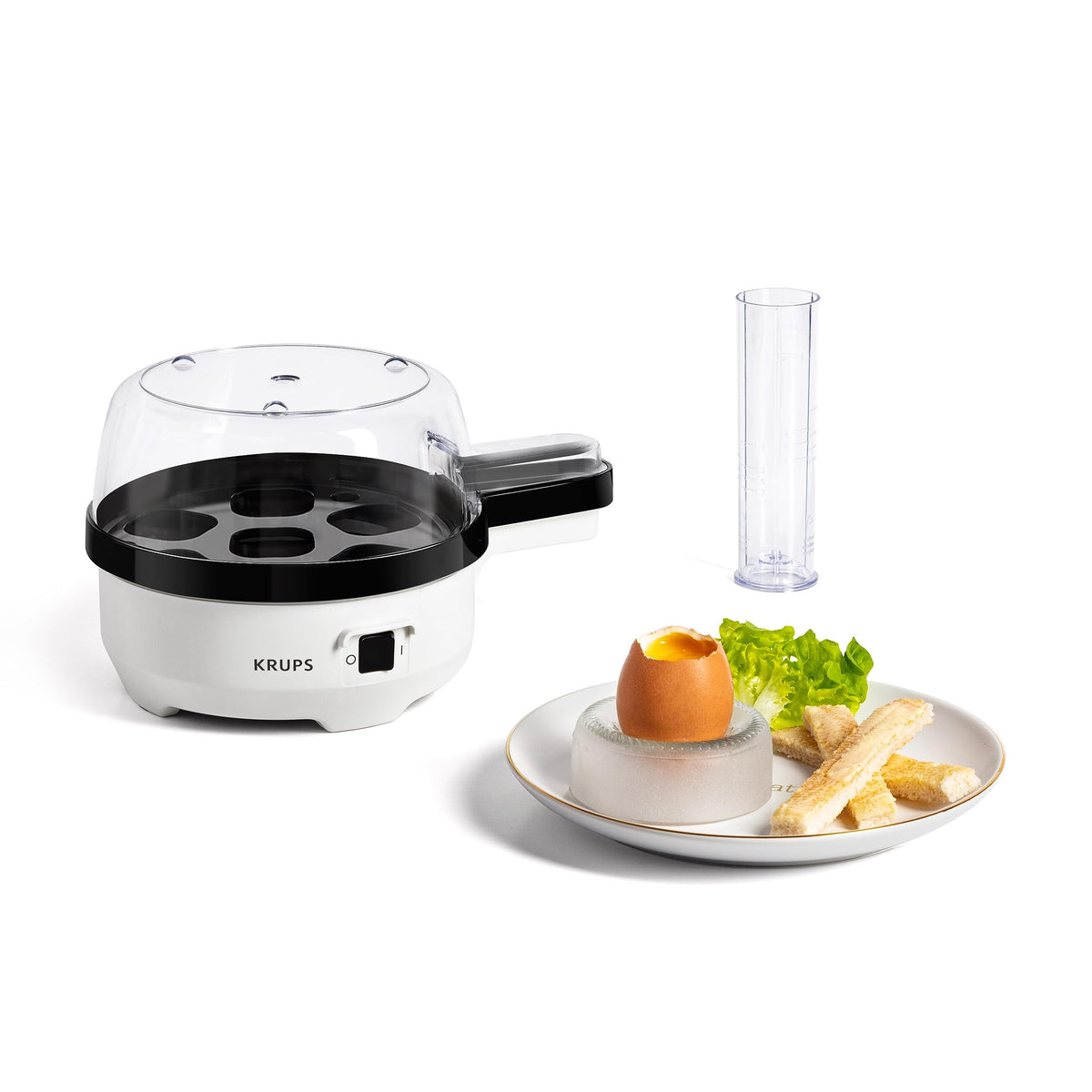 Krups Ovomat Spezial Eierkocher, pentru până la 7 ouă, inclusiv cană de măsurare a apei cu perforator pentru ouă, suport pentru ouă, semnal sonor, EG233115, Alb/Negru